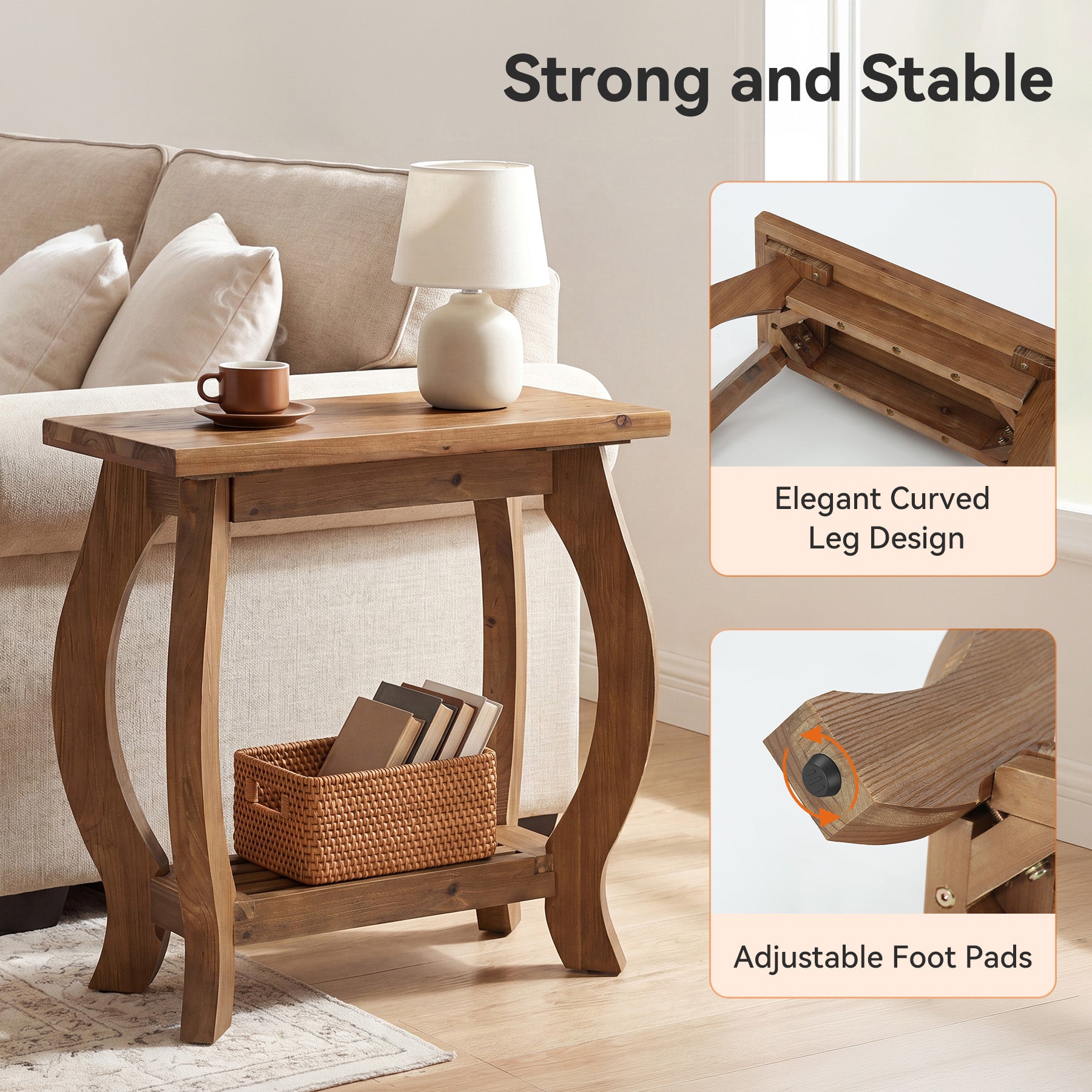 2-Tier Solid Wood End Table, Narrow Side Table with Shelf & Curved Legs for Small Spaces