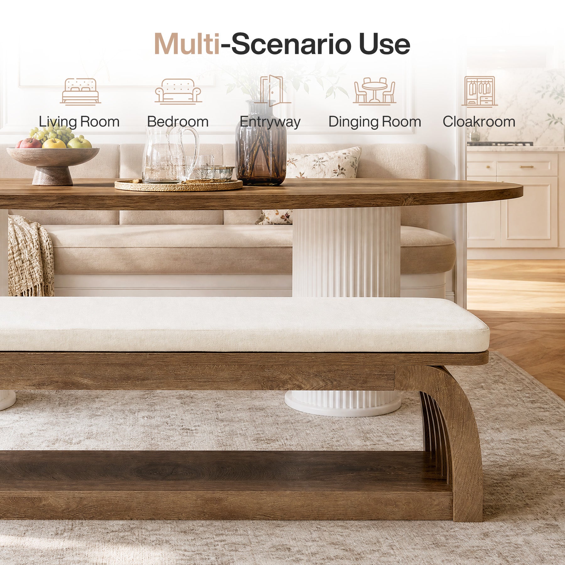 55" Upholstered Dining Bench, 2-Tier Farmhouse Kitchen Bench with Unique Hollow Legs