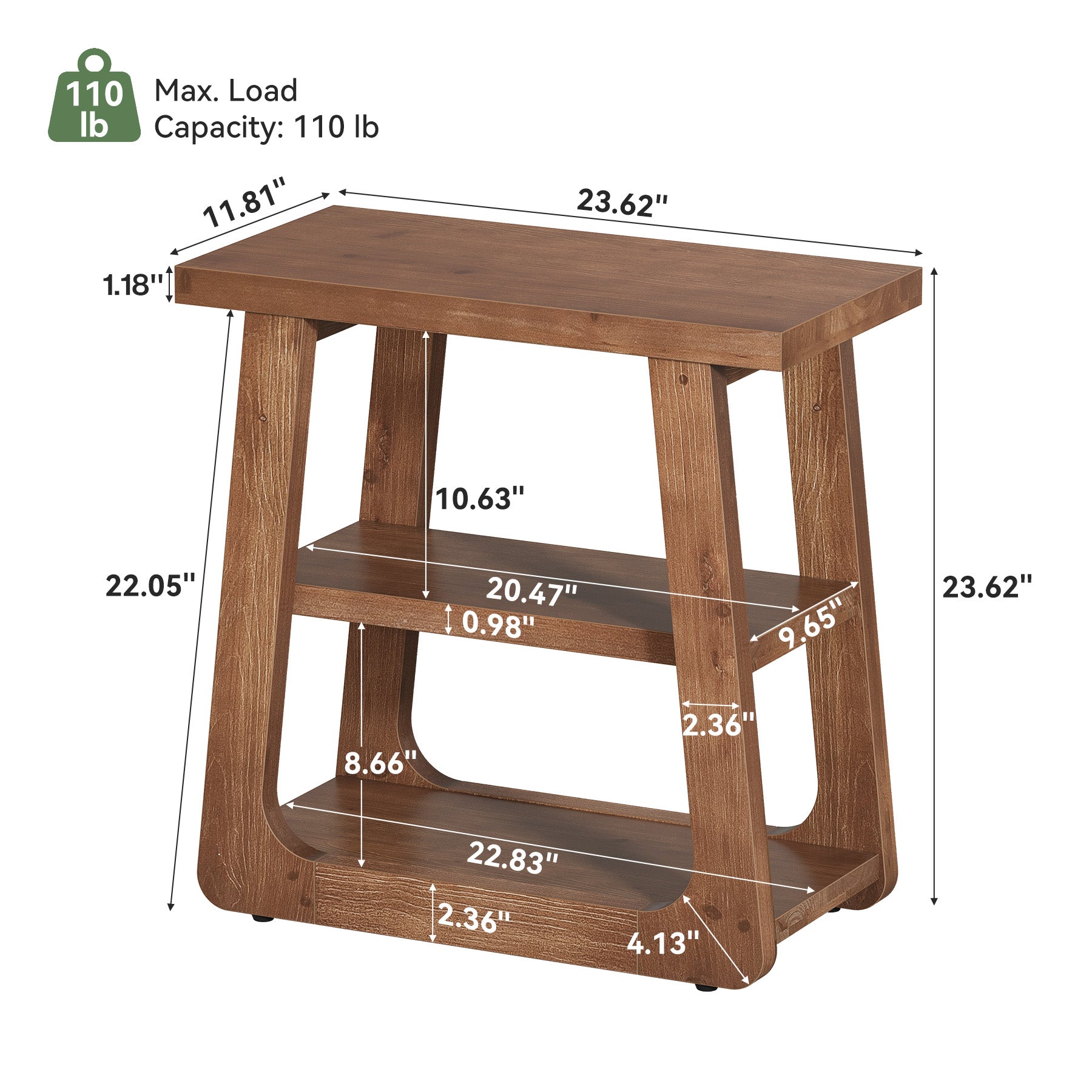 Solid Wood Side Table, Farmhouse End Table with 3-Tier Storage Shelves for Small Spaces