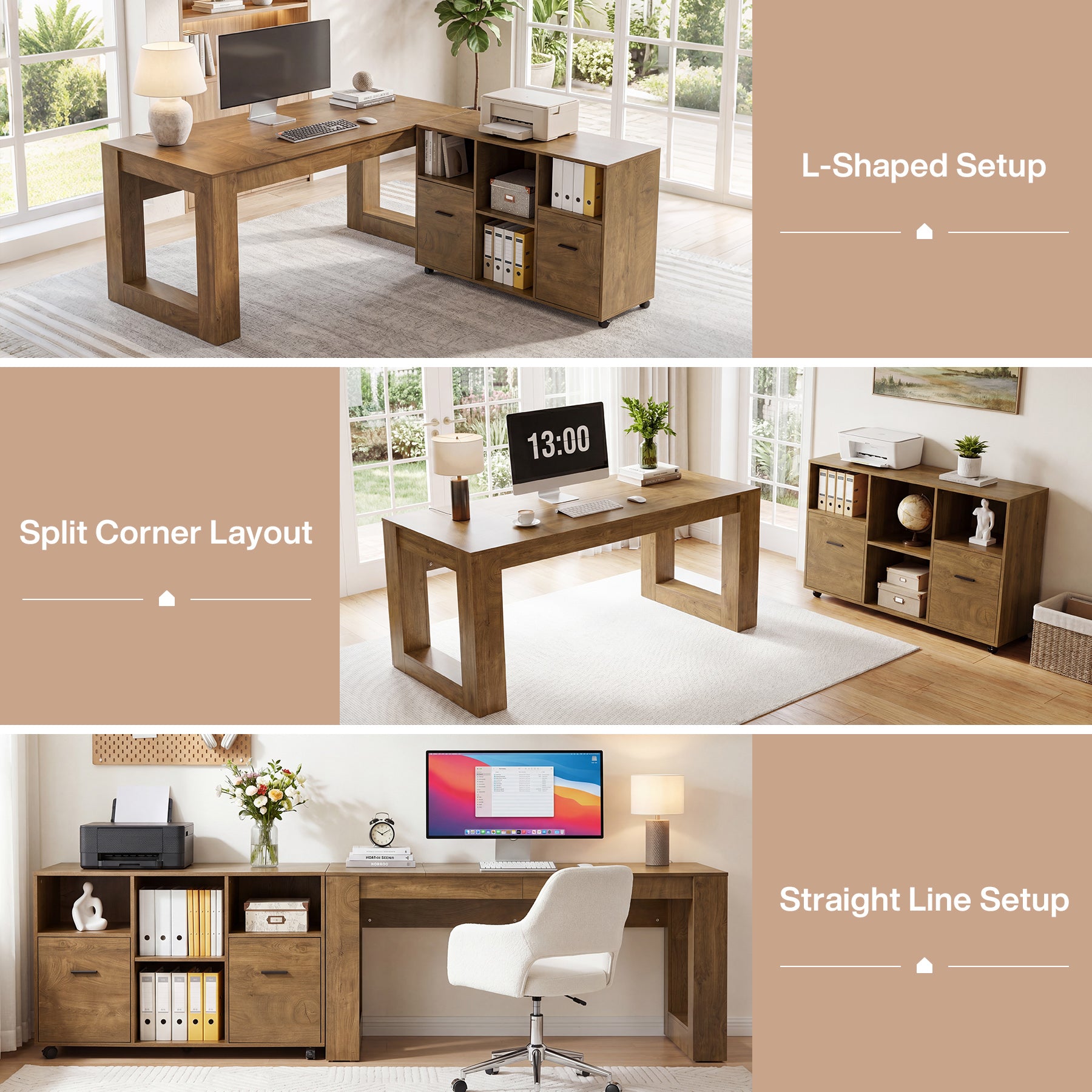 63" Executive Home Office Set,  L-Shaped Desk with Storage Shelves & Drawers