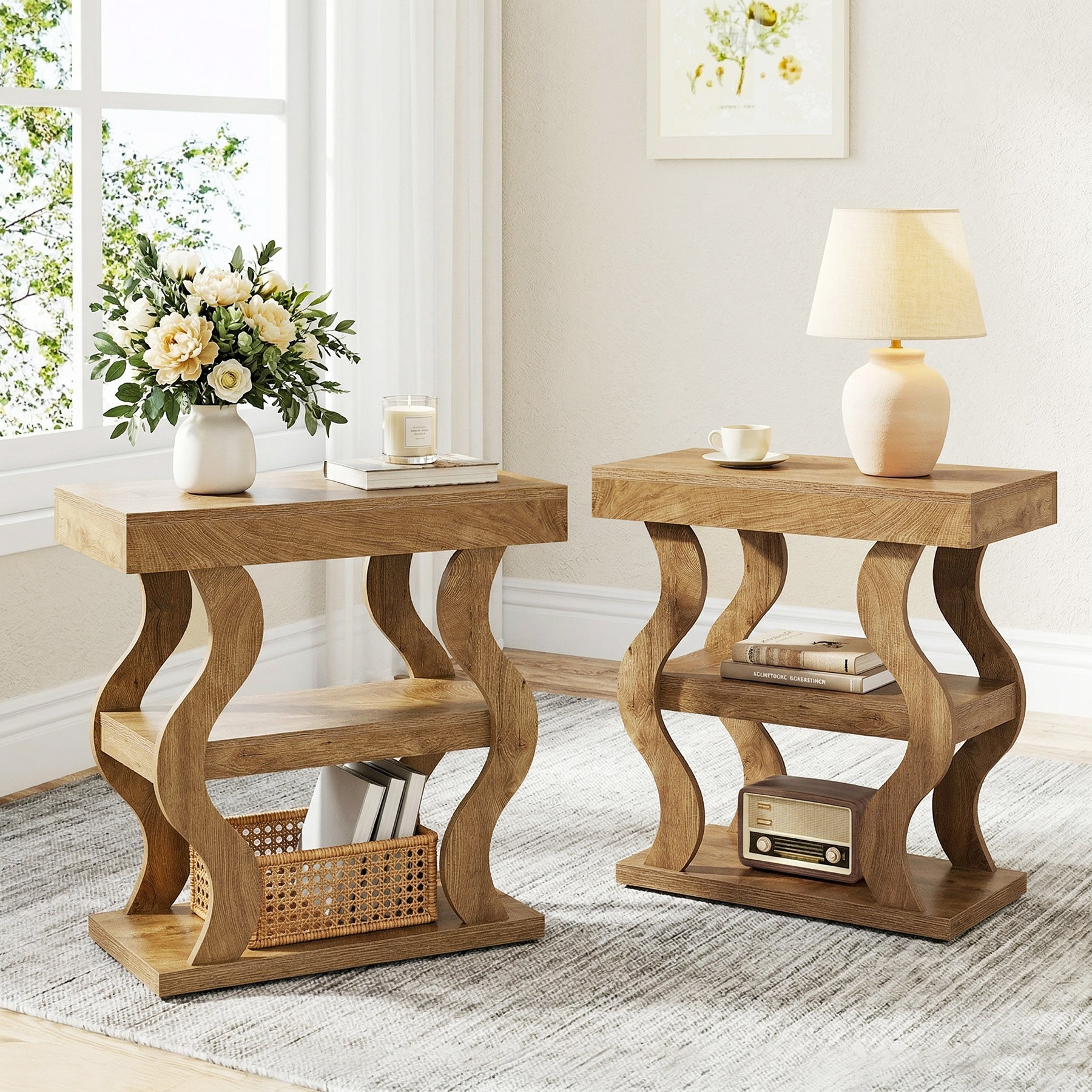 Tribesigns 3-Tier Wooden side Table, Skinny Small Nightstand for Living Room with Storage Shelf