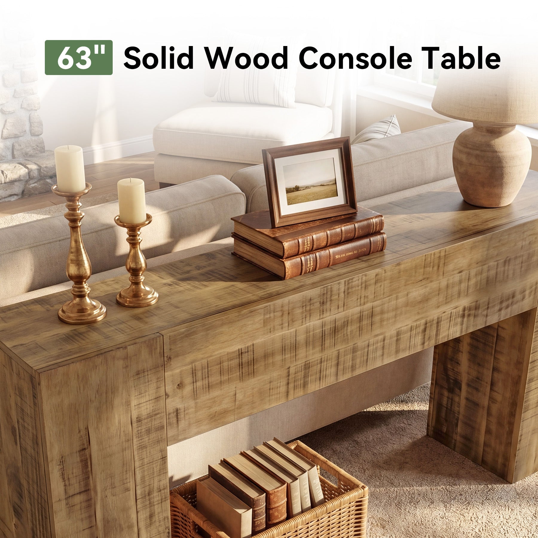 Solid Wood Console Table, 63" Farmhouse Sofa Table Behind Couch for Entryway