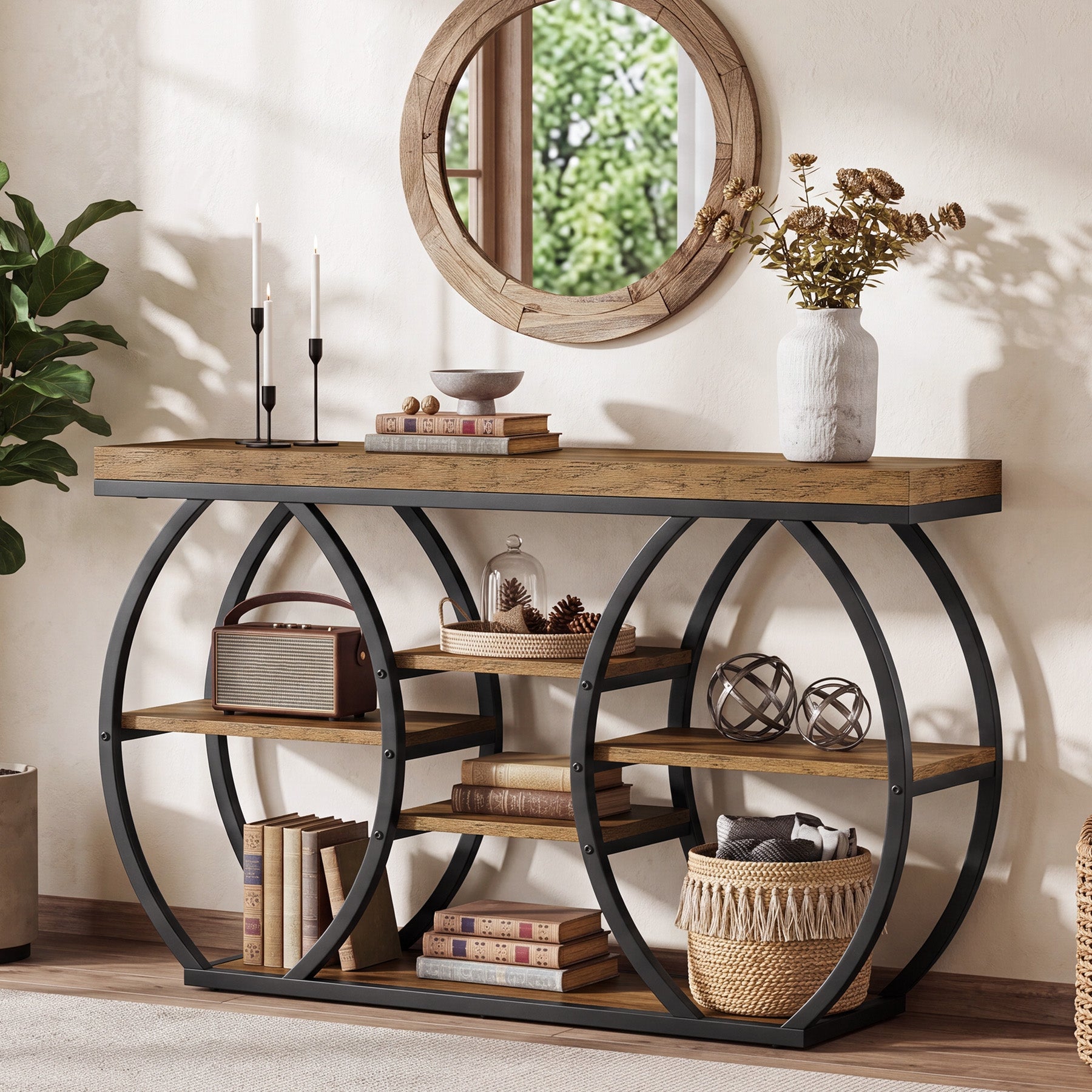 47" Console Table, 4-Tier Narrow Sofa Table with Artistic Curved Metal Frame for Entryway
