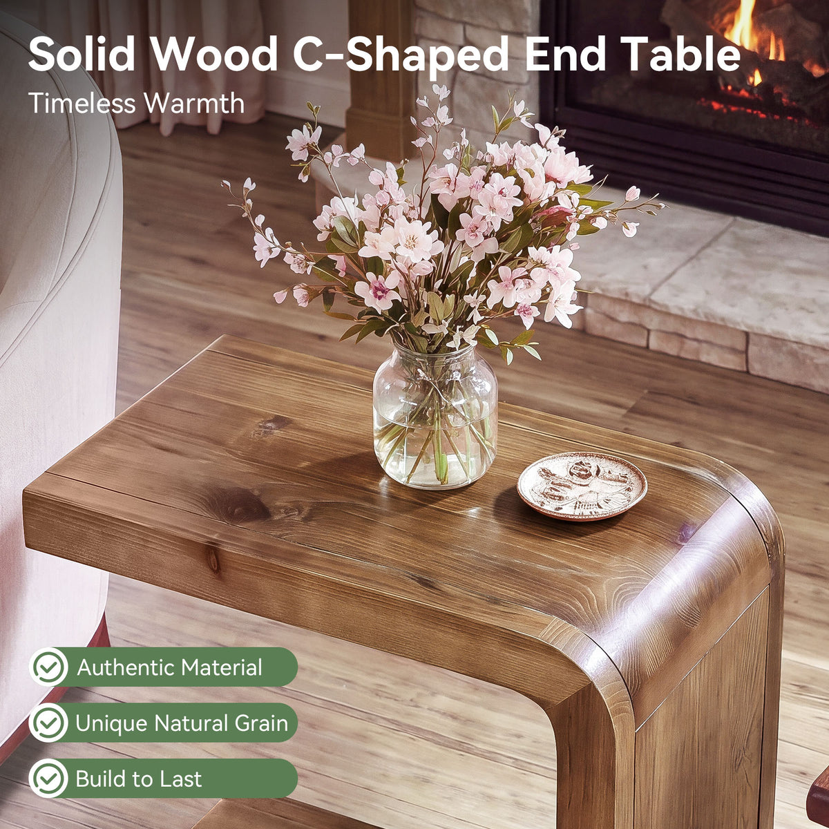 Solid Wood End Table, 2-Tier C-Shaped Side Table with Storage for Living Room, Bedroom