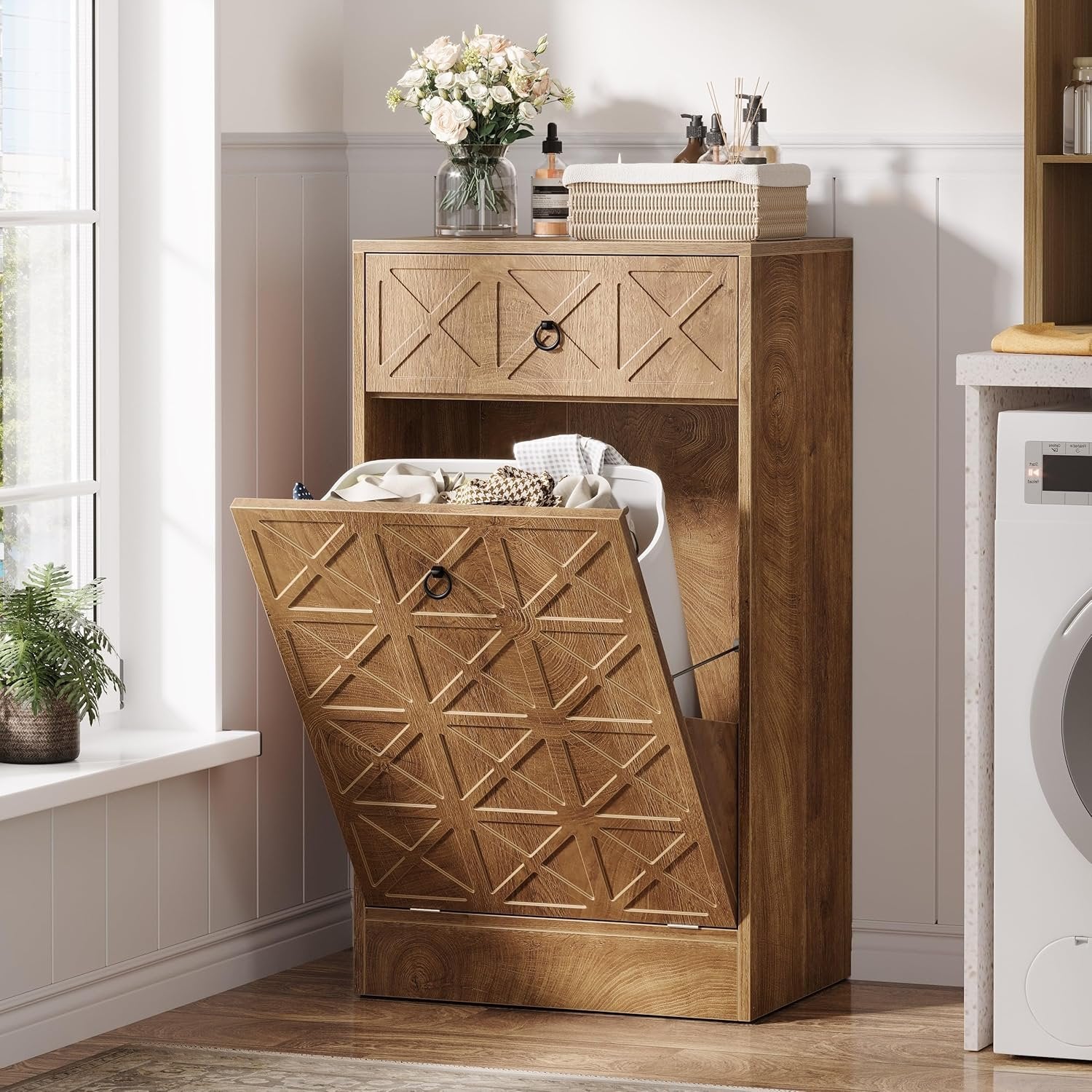 13 Gallon Tilt-Out Laundry Hamper, Wooden Hidden Cabinet with Drawer