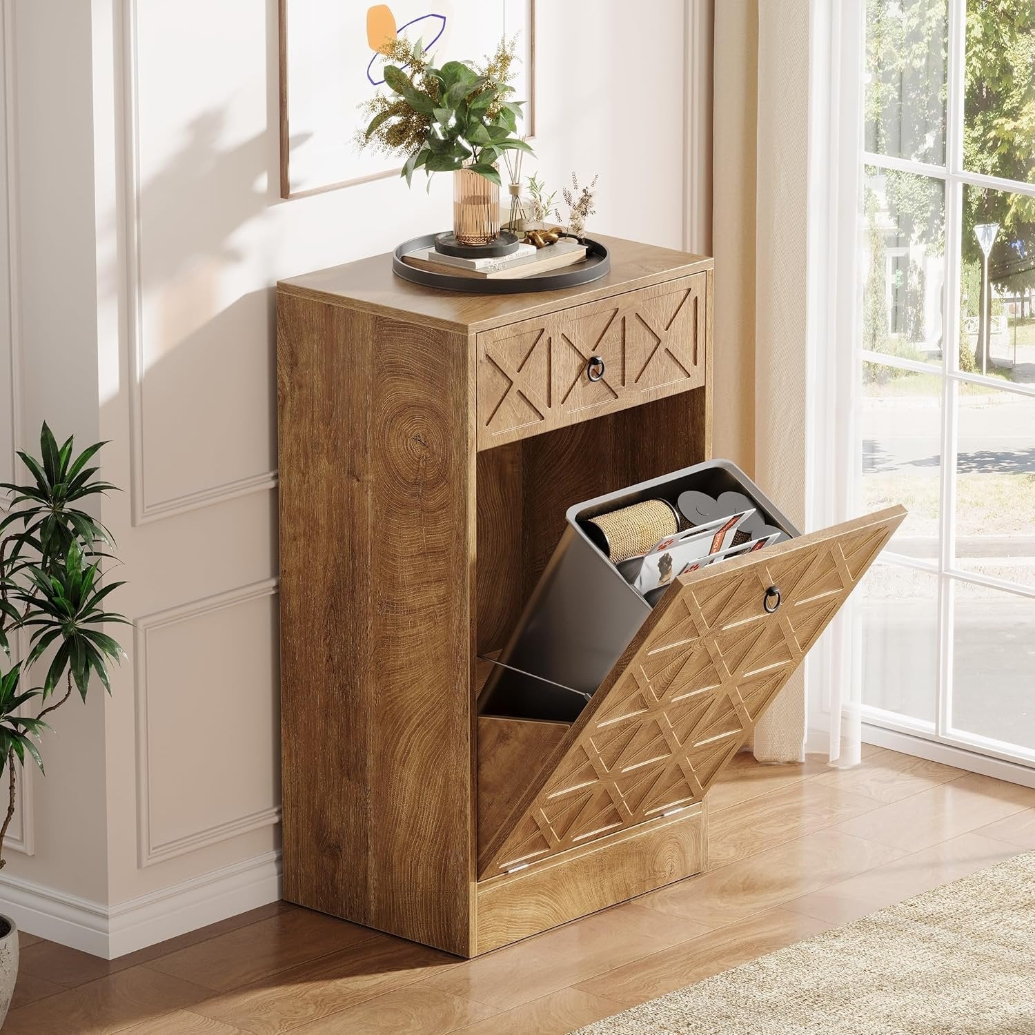 13 Gallons Tilt Out Trash Can, Hidden Garbage Cabinet with Drawer for Kitchen