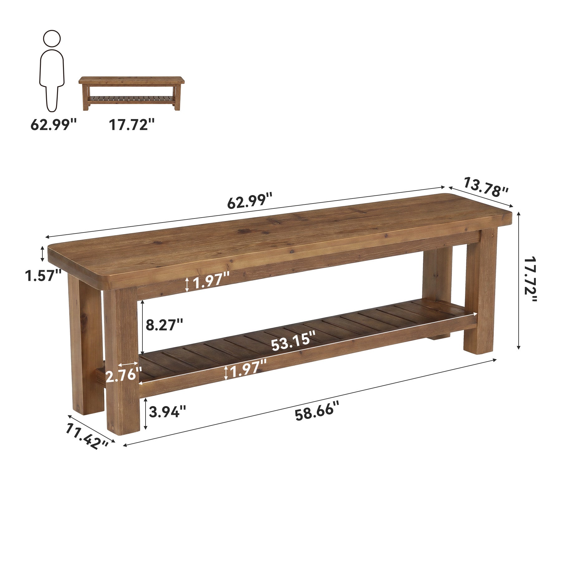 63" Solid Wood Entryway Bench with Storage, 2-Tier Farmhouse Shoe Bench for Hallway