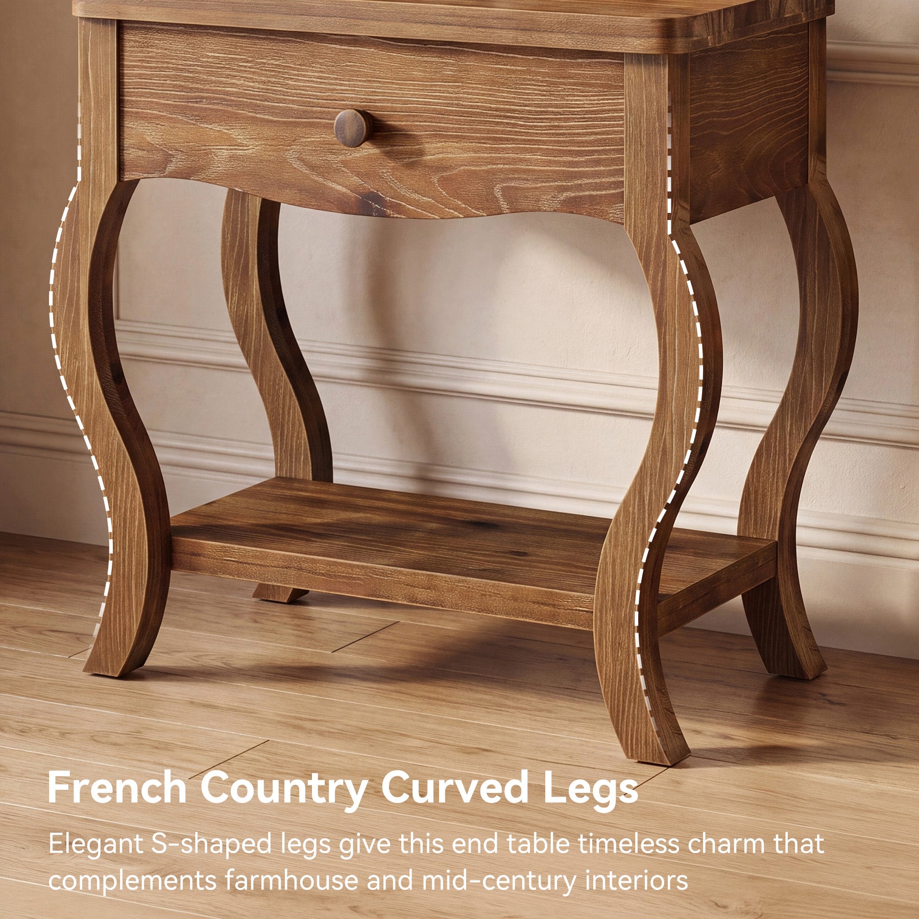 Rustic Solid Wood End Table with Drawer, 24"W Tall Side Table, Living Room