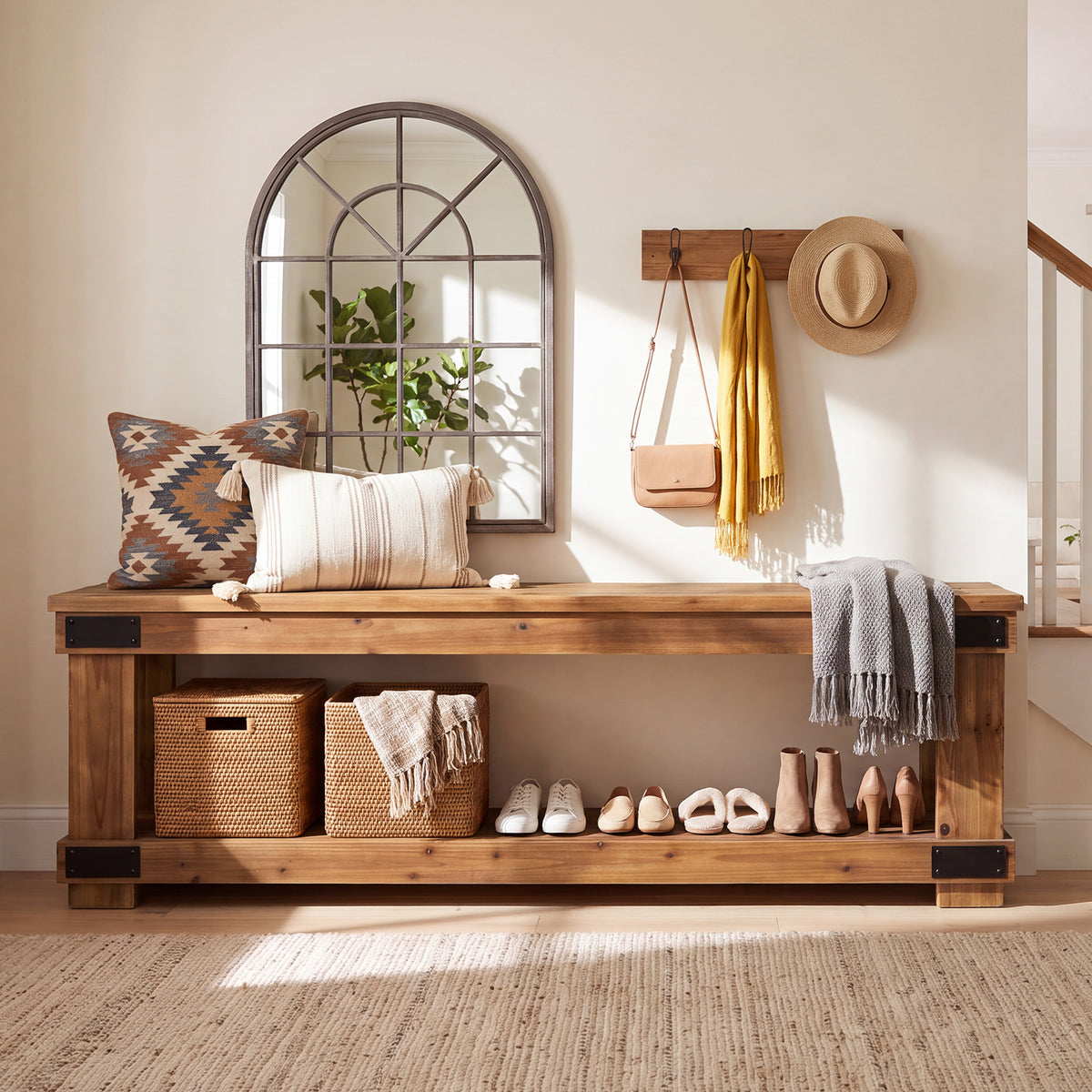 63" Solid Wood Entryway Bench, 2-Tier Shoe Storage, Industrial Hallway Bench