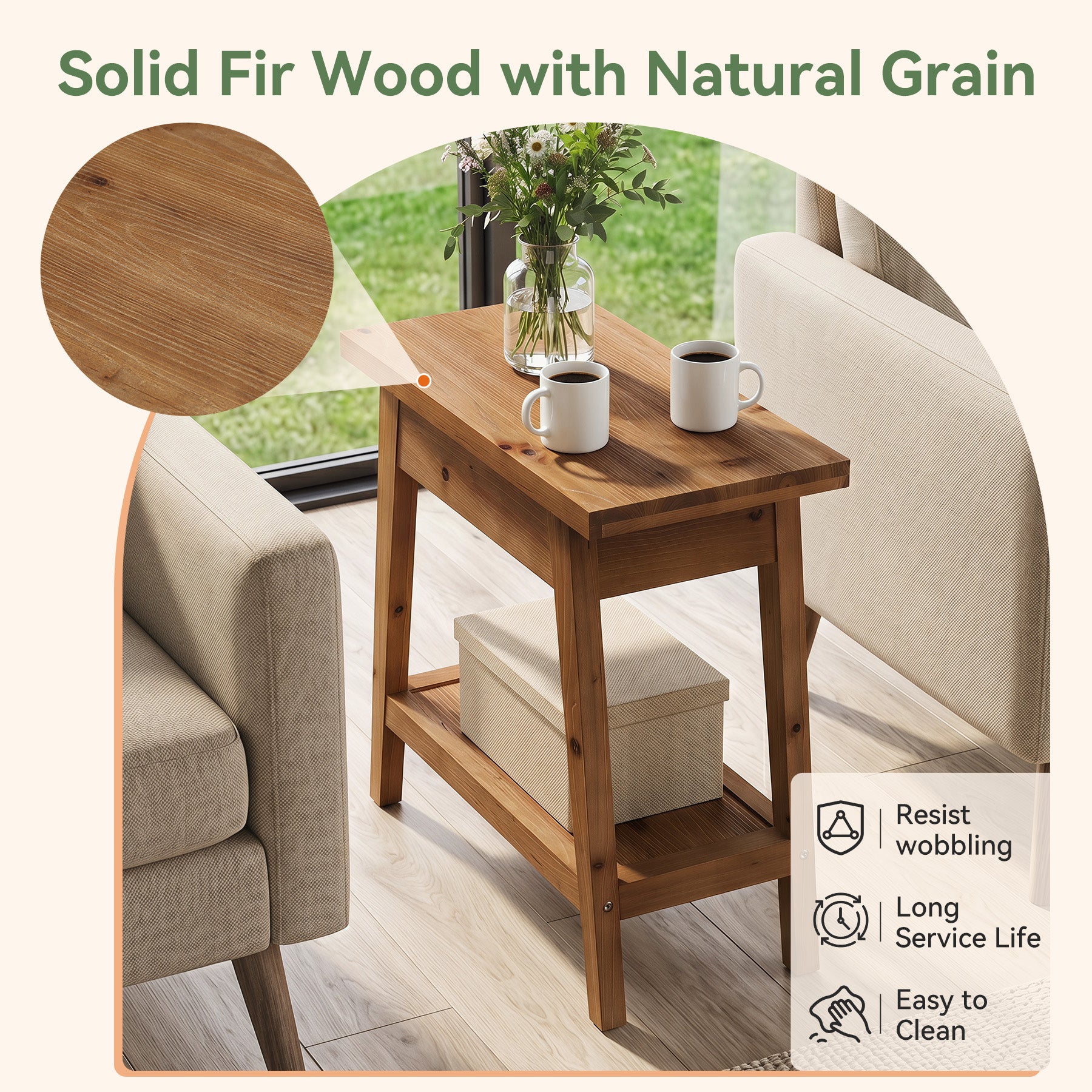 2-Tier Solid Wood End Table, Farmhouse Side Table with Storage for Living Room