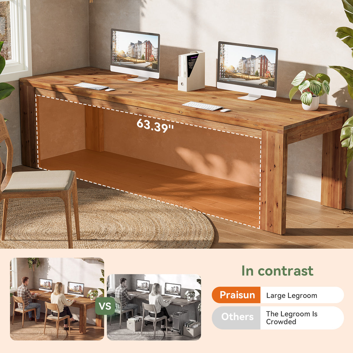 Solid Wood 2-Person Desk, 78.7" Computer Desk with Chunky Wood Legs for Home Office