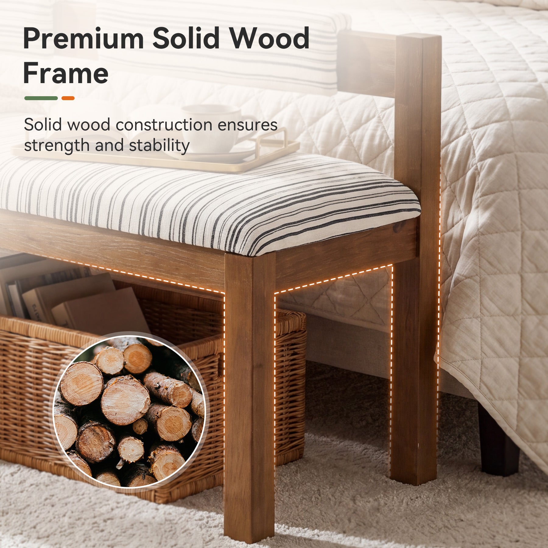 Wood Dining Bench, 55" Upholstered Kitchen Bench with Backrest & Chenille Cushion