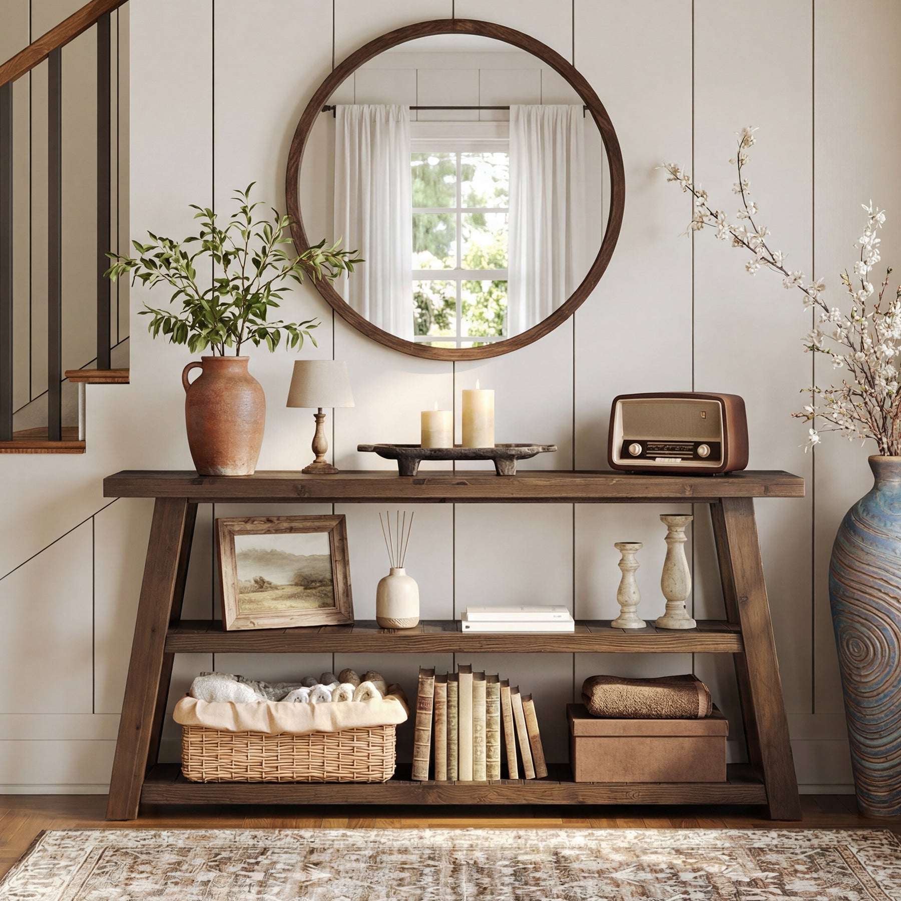63" Solid Wood Console Table, 3-Tier Farmhouse Entryway Table with Storage Shelves
