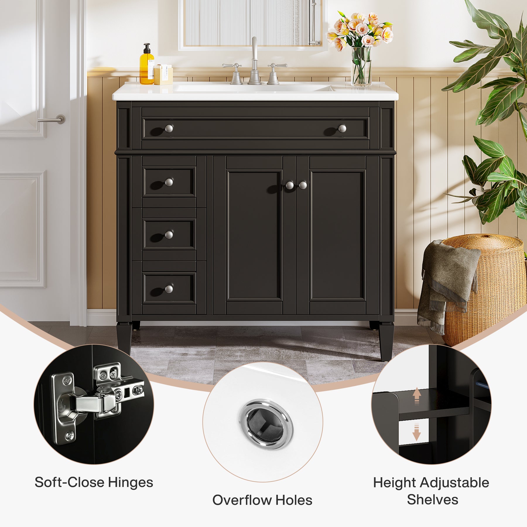 Modern Bathroom Vanity, 36" Bathroom Sink Vanity Cabinet with 3 Drawers