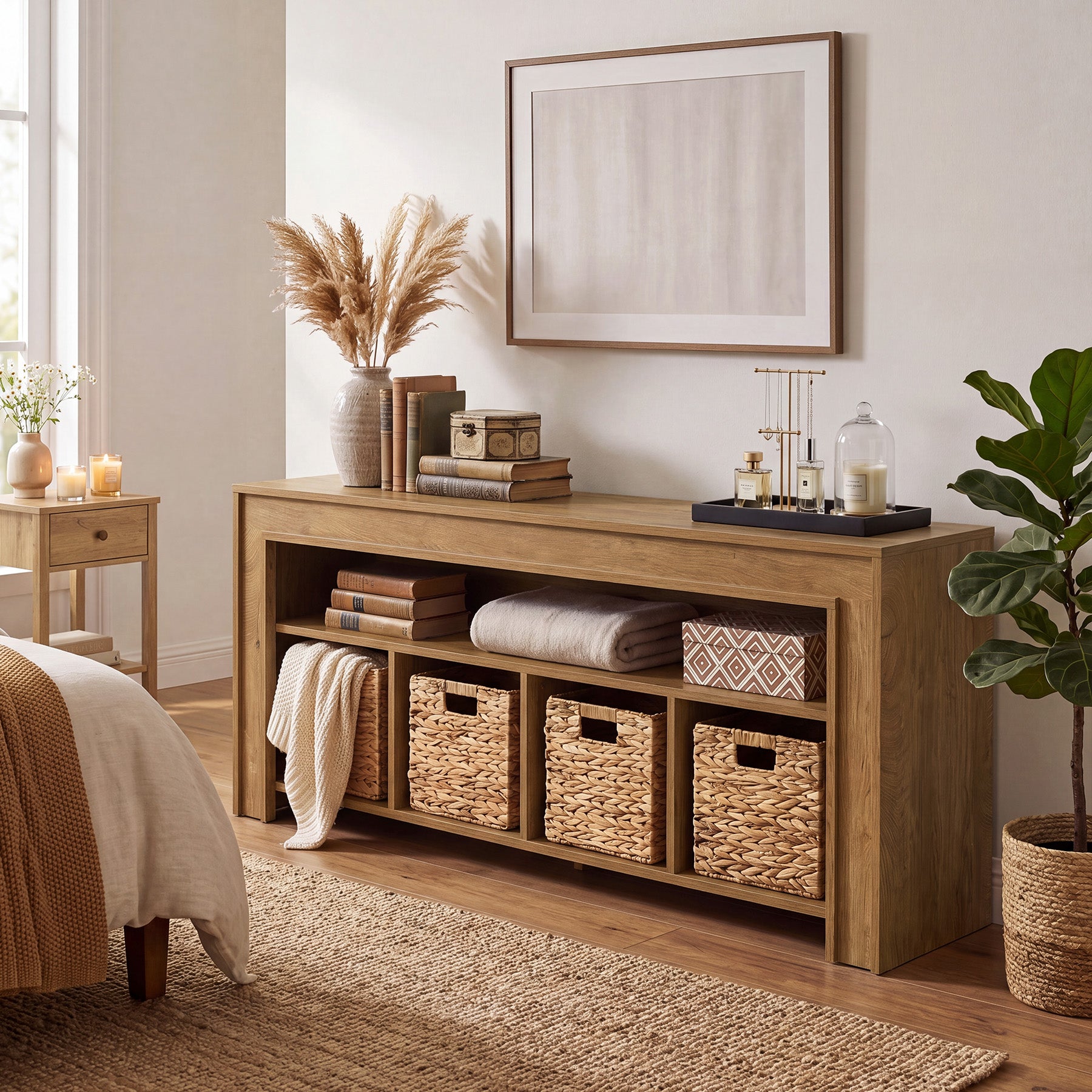 63" Farmhouse TV Stand for 55–70 Inch TVs, Media Console with Baskets & Open Storage
