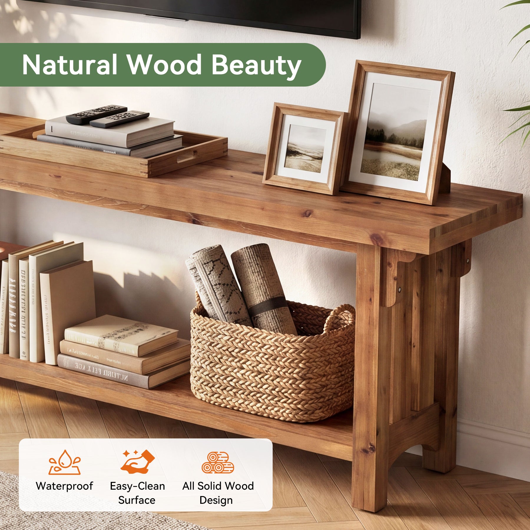63" Solid Wood TV Stand, Farmhouse Entertainment Center with Storage Shelf for 75" TVs