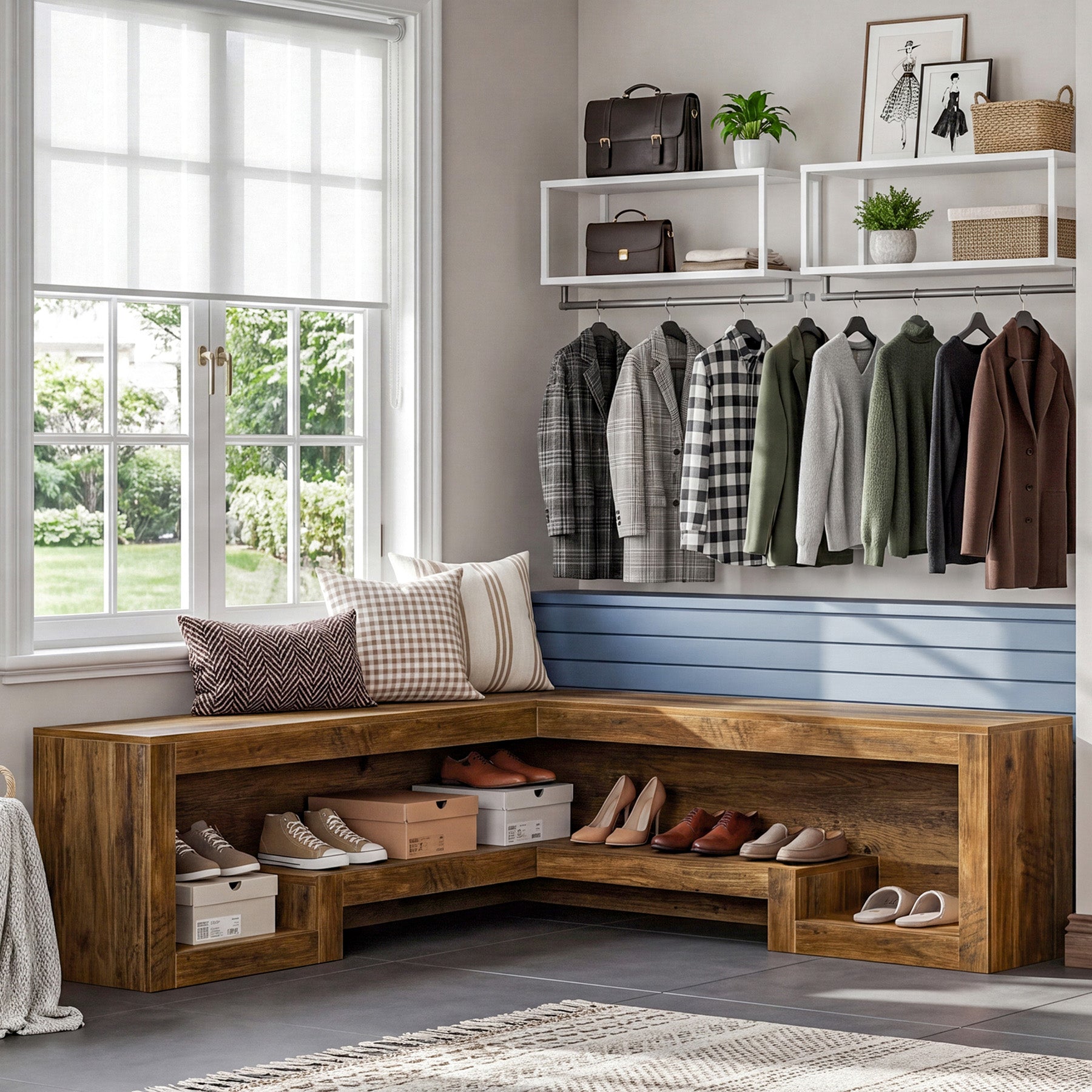 55“ L-Shaped Corner Bench, wooden Breakfast Nook Bench With Storage For Entryway