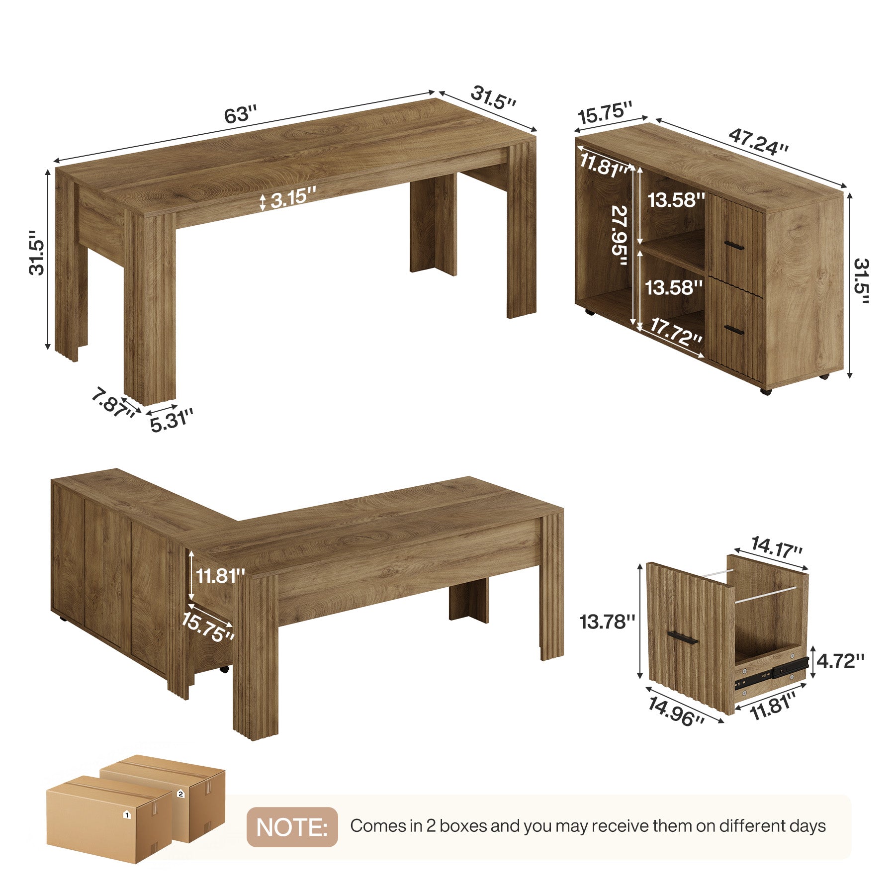Reversible L-Shaped Executive Desk, 63" Computer Desk with Mobile File Cabinet for Home Office