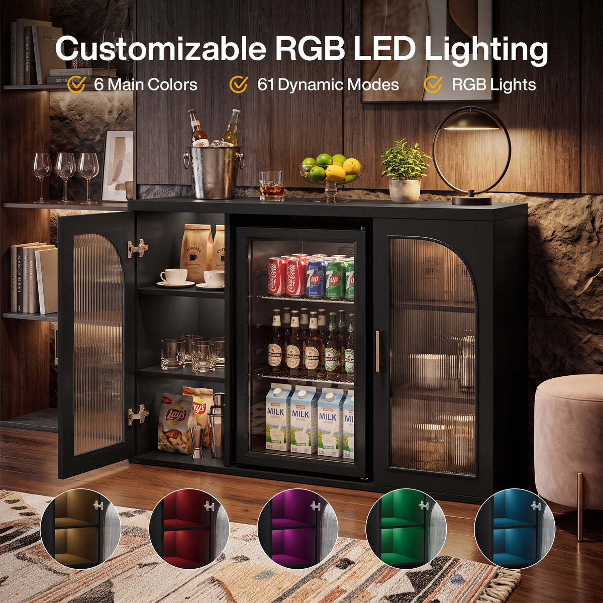 53" Coffee Bar Cabinet with Mini Fridge Space & LED Lights, Fluted Acrylic Door