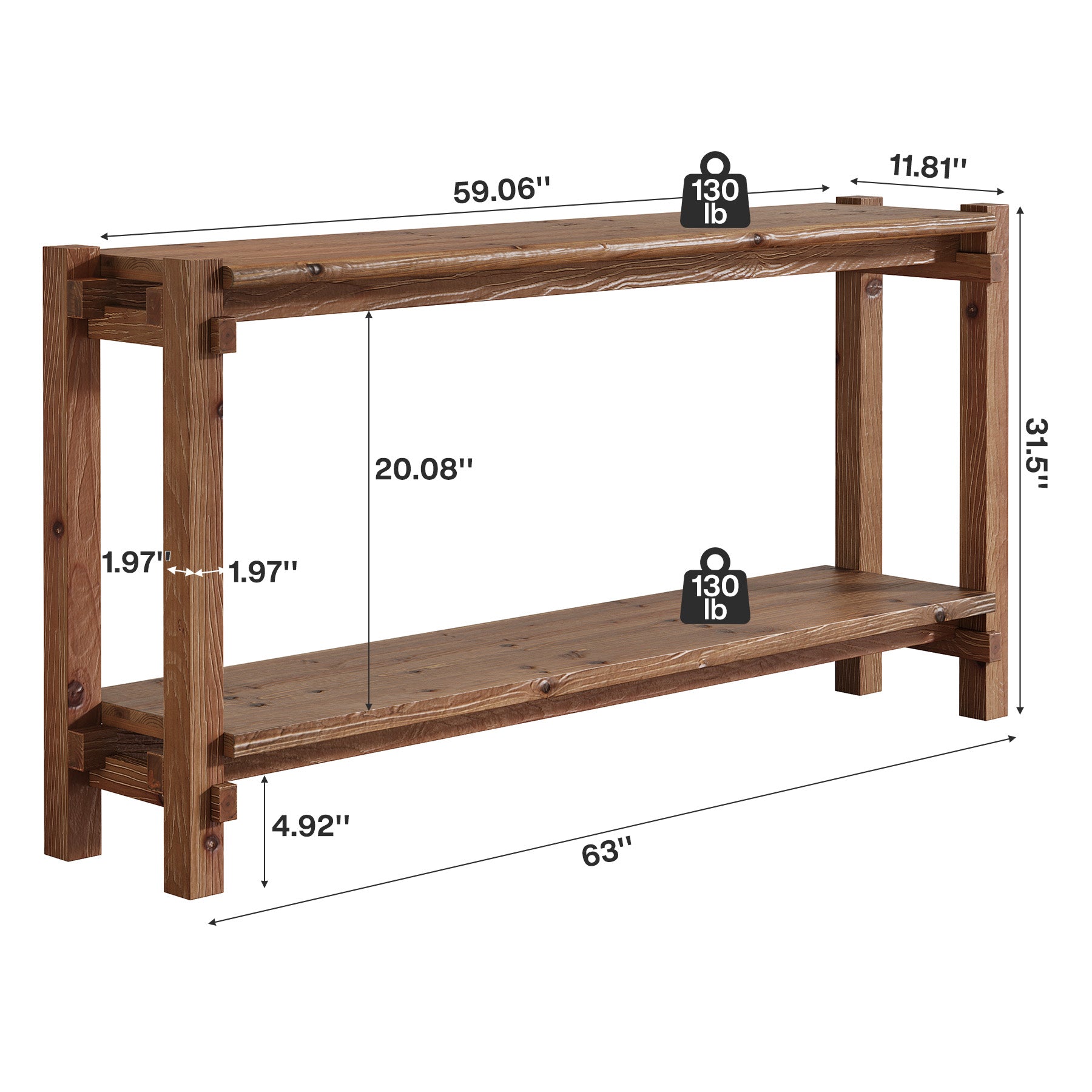 63" Solid Wood Console Table, 2-Tier Farmhouse Entryway Table with Storage