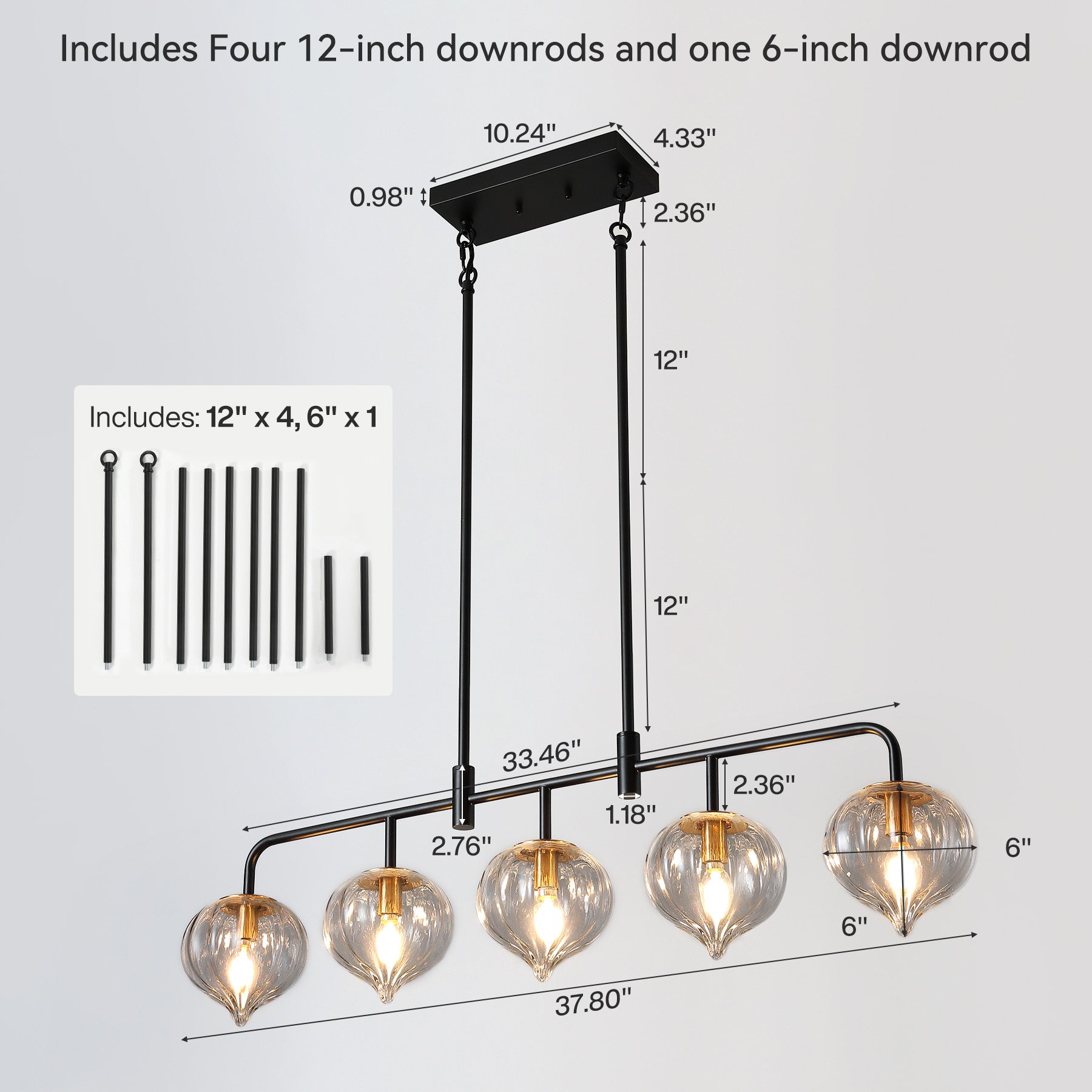 5-Light Pendant Light, Linear Kitchen Island Light Fixture with Adjustable Downrods & Clear Ribbed Glass Shades