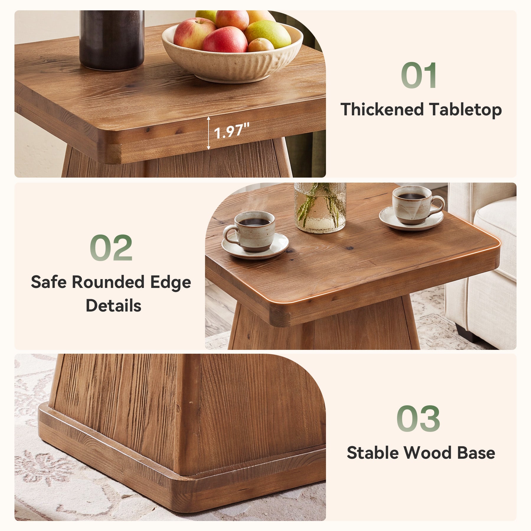 19.69" Square Solid Wood End Table, Accent Side Table with Pedestal Base for Living Room