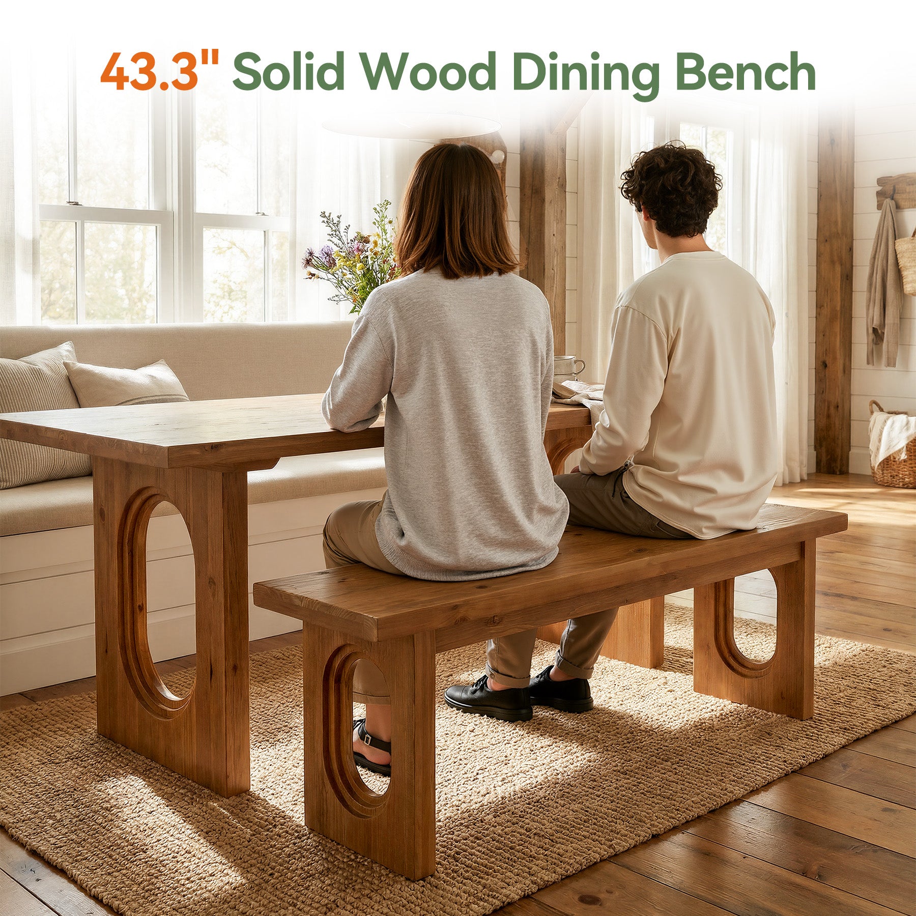 43.3" Solid Wood Dining Bench, Farmhouse Dining Room Bench with Hollowed Legs