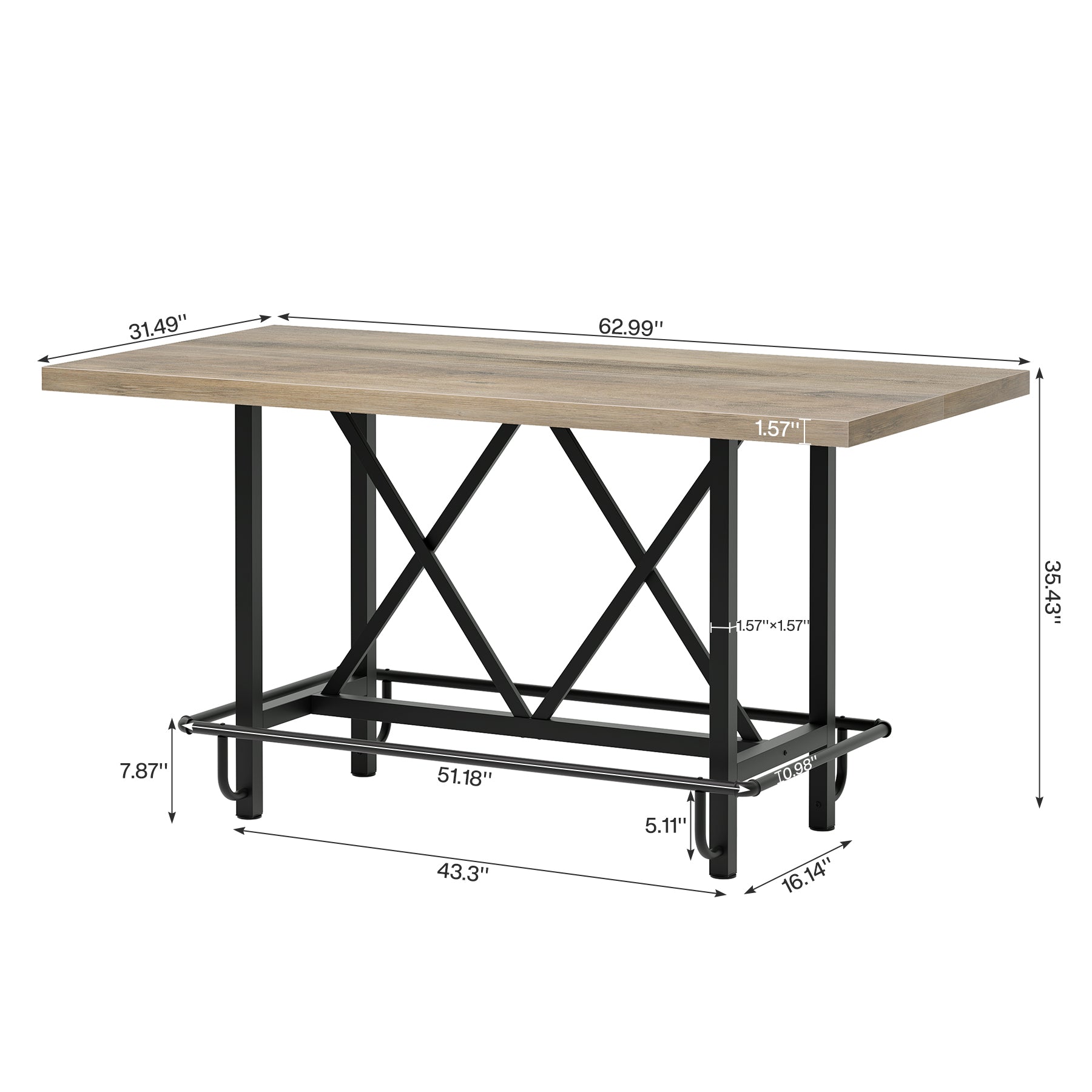 62.99" Counter Height Bar Table, Rectangular Farmhouse Pub Table for Kitchen or Dining Area