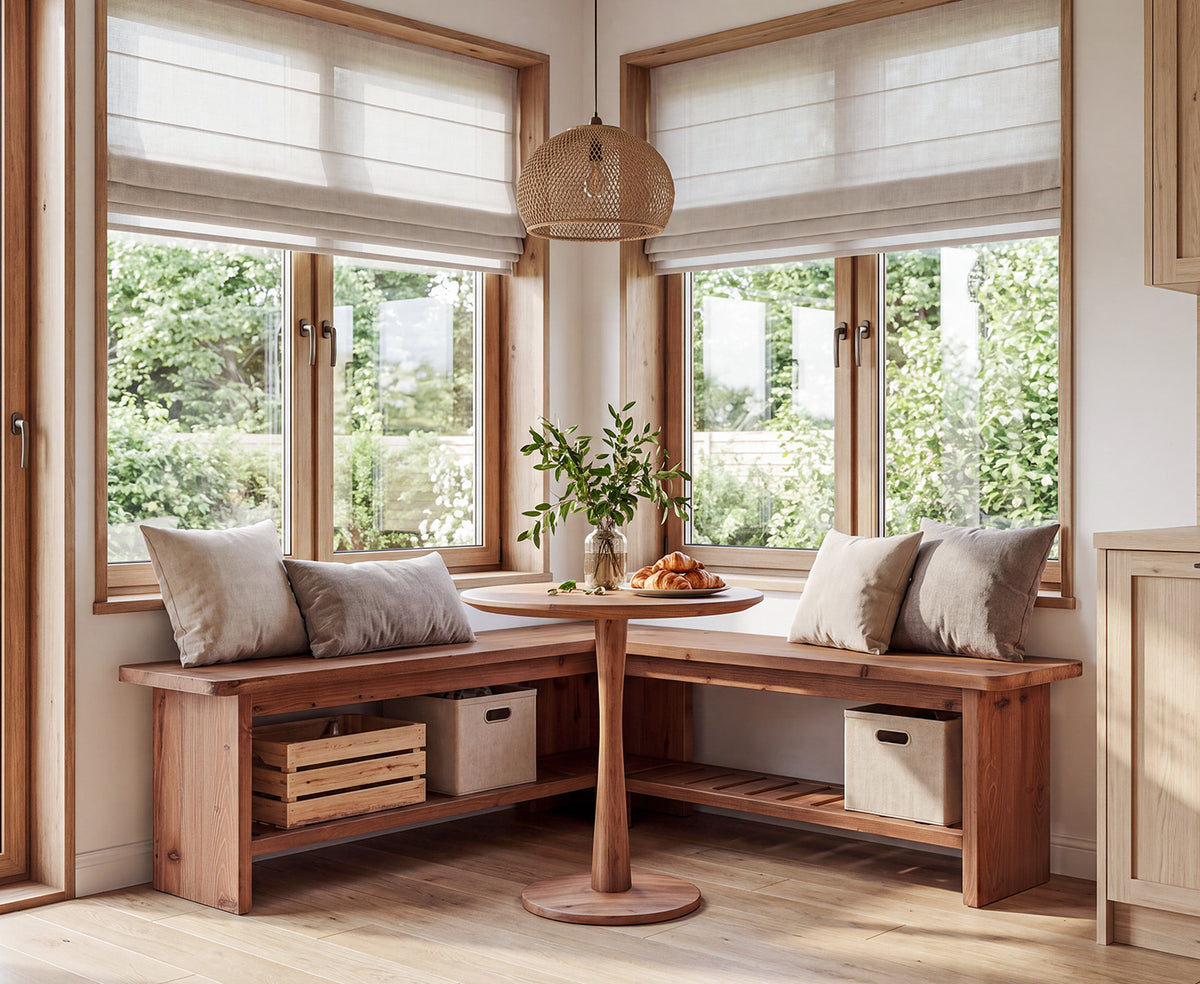 47" L-Shaped Breakfast Nook Bench, Solid Wood Corner Dining Bench with Storage Shelf