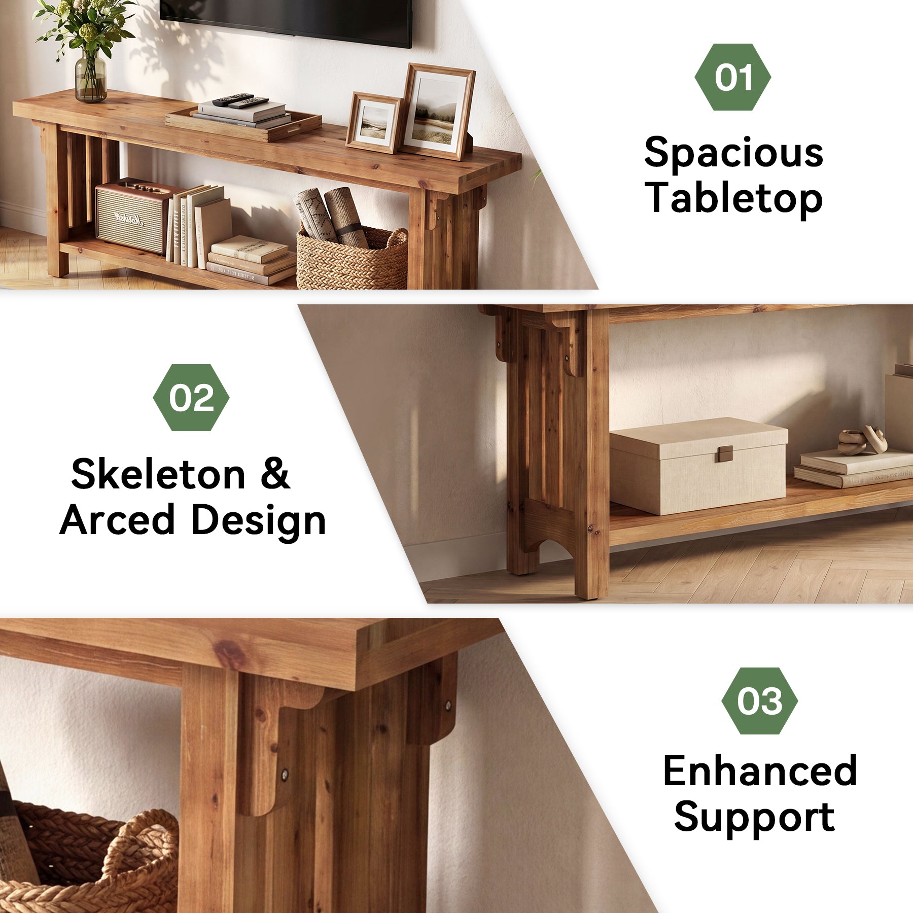 63" Solid Wood TV Stand, Farmhouse Entertainment Center with Storage Shelf for 75" TVs