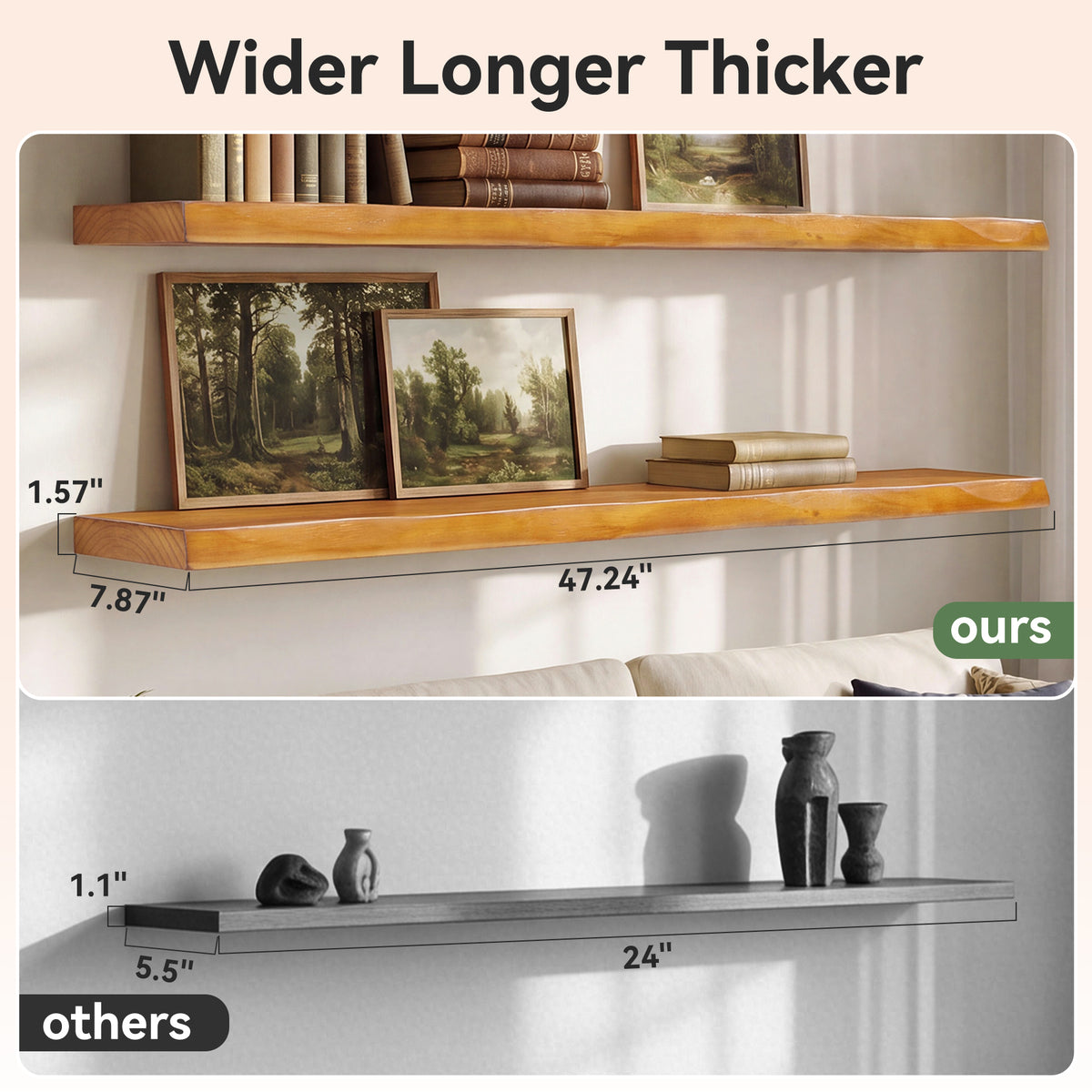 47.2" Floating Shelves for Wall Set of 3, Solid Wood Live Edge Wall Shelves