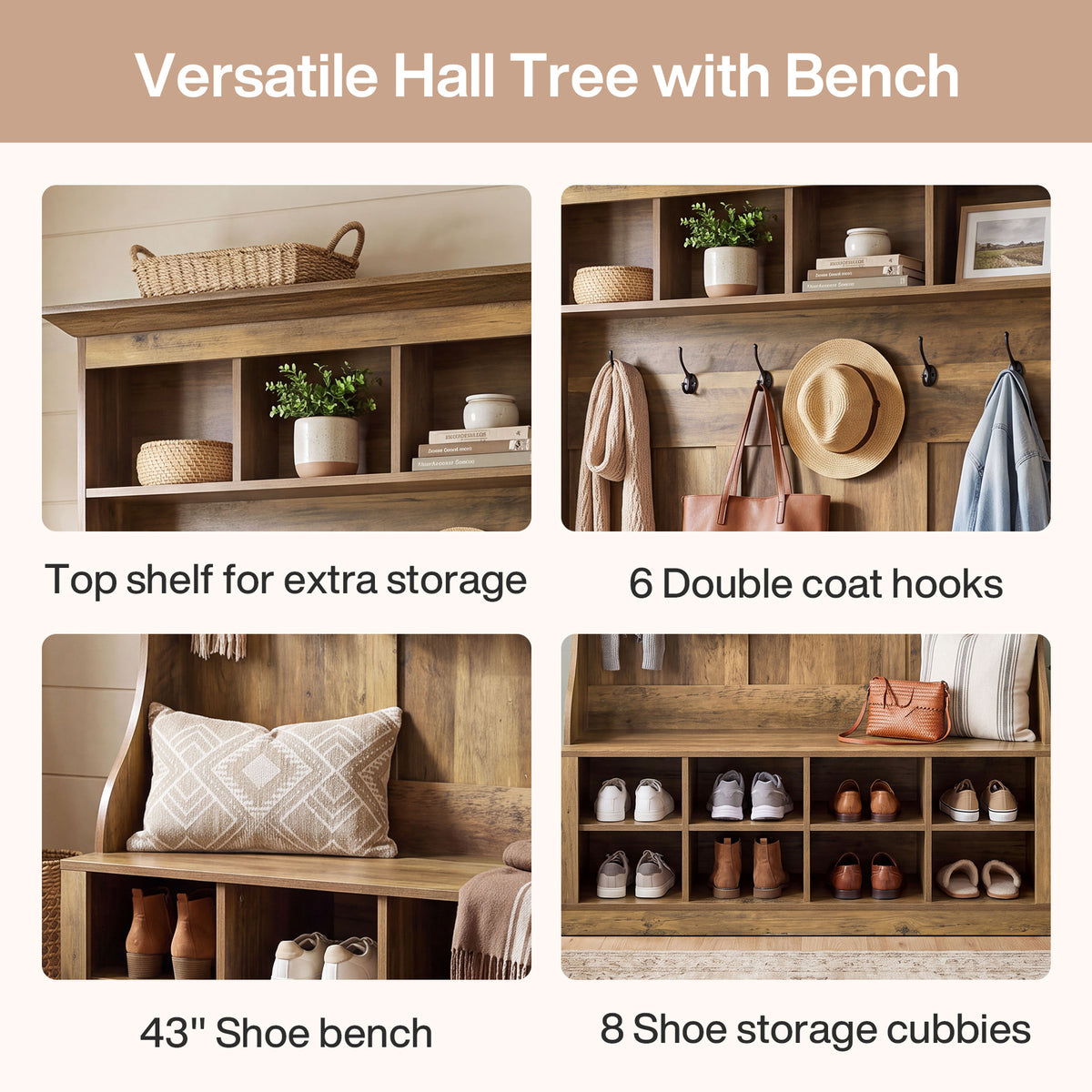 4-in-1 Hall Tree with Bench & Shoe Storage, 70.9" H Entryway Coat Rack with 6 Hooks, 12 Cubbies