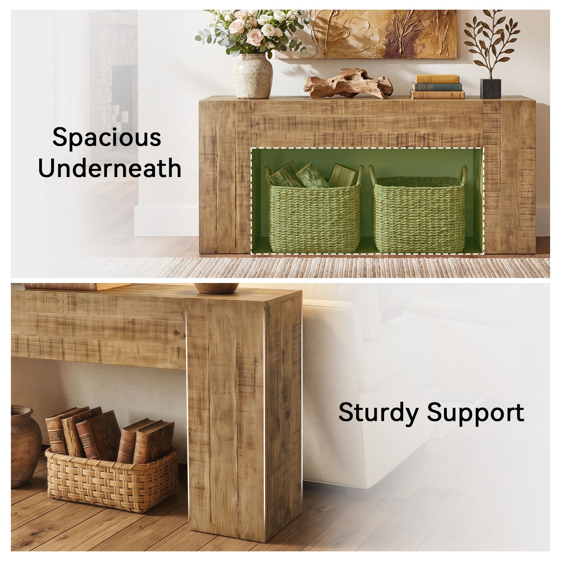 Solid Wood Console Table, 63" Farmhouse Sofa Table Behind Couch for Entryway