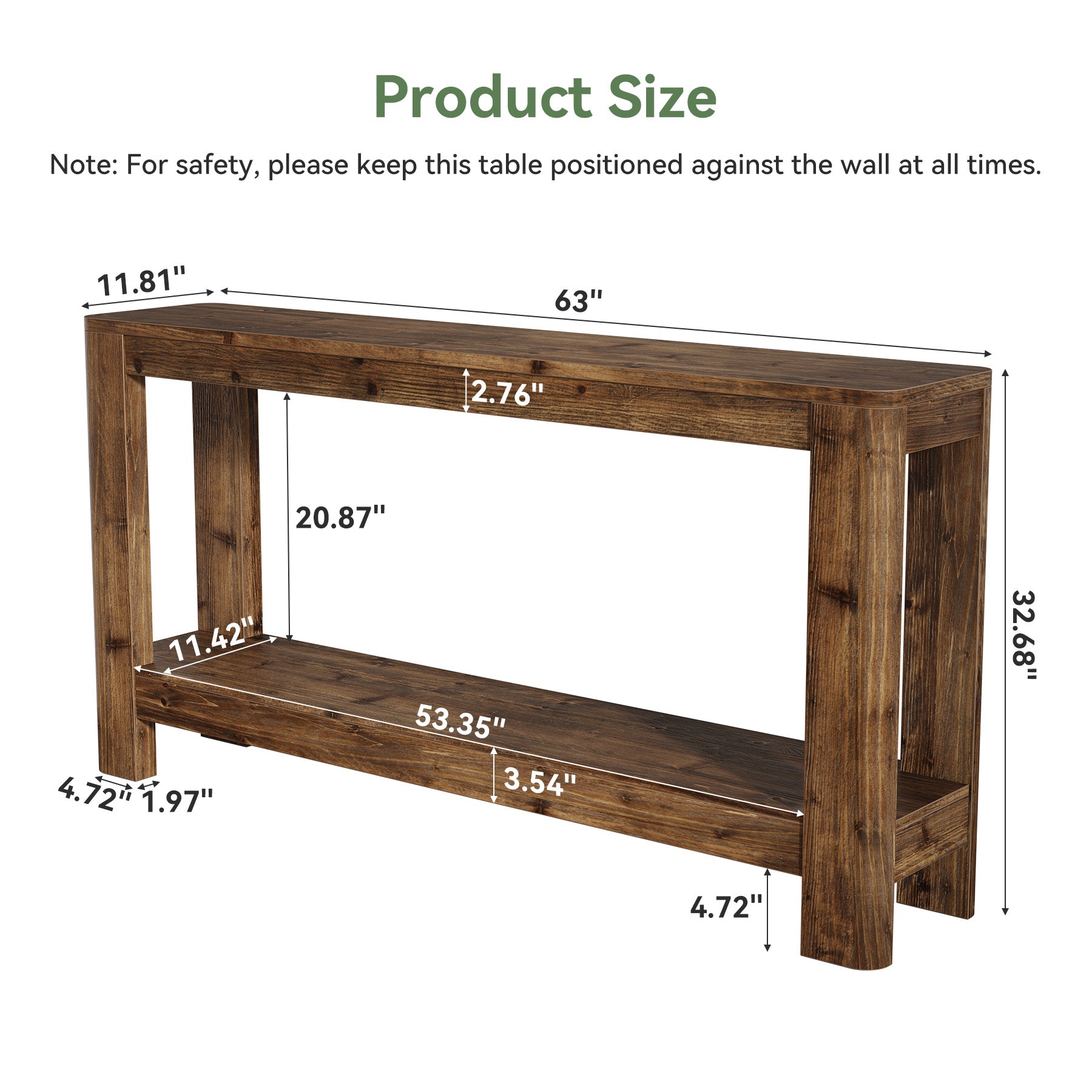 63" Solid Wood Console Table with Shelf, Slim Farmhouse Entryway & Sofa Table for Narrow Spaces