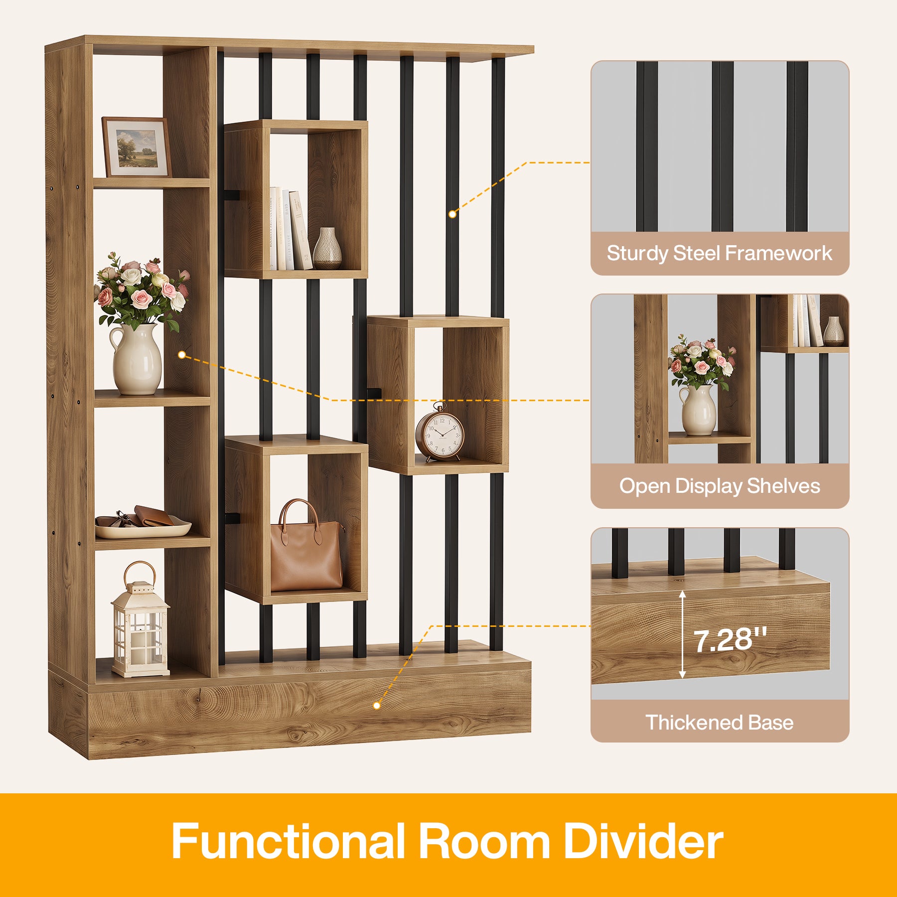 71" Room Divider with Shelves & Coat Hooks, Freestanding Wall Partition, Bedroom Living Room