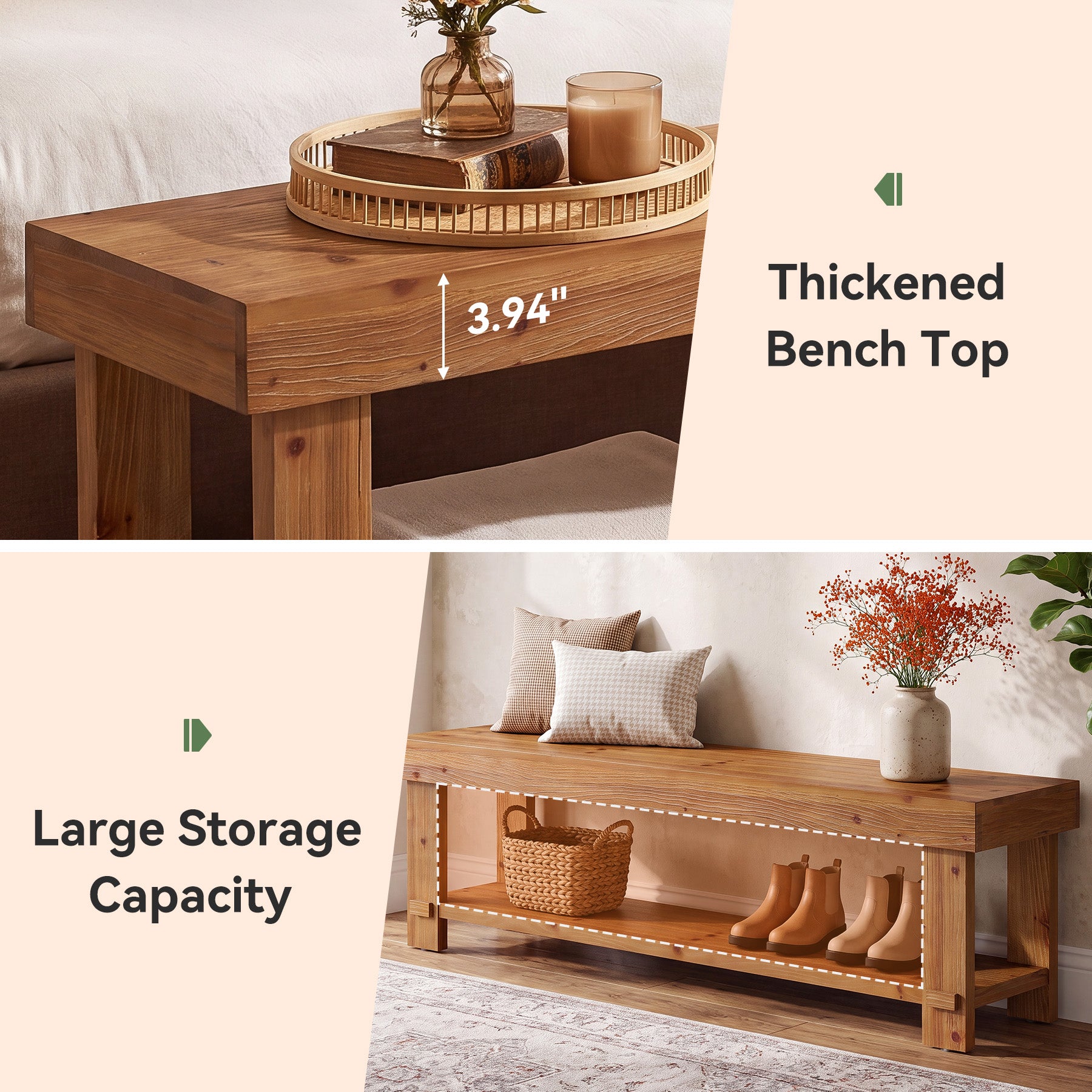 63" Solid Wood Entryway Bench, 2-Tier Shoe Bench End of Bed Bench with Storage