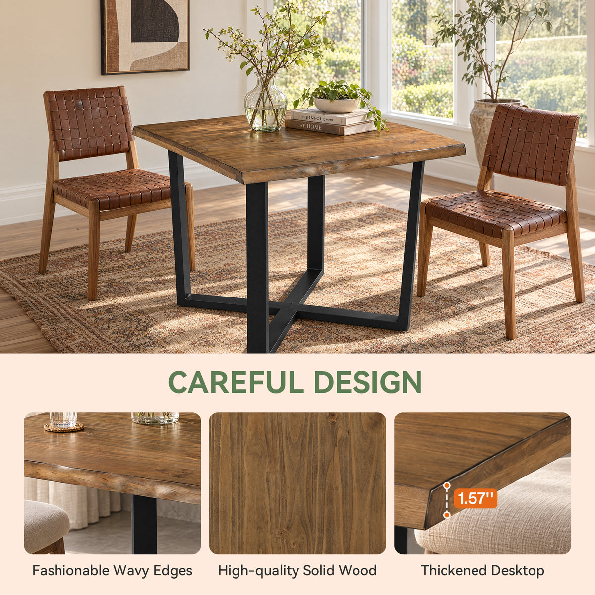 31.5" Solid Wood Square Dining Table with Live Edge Top & Cross-Braced Metal Legs