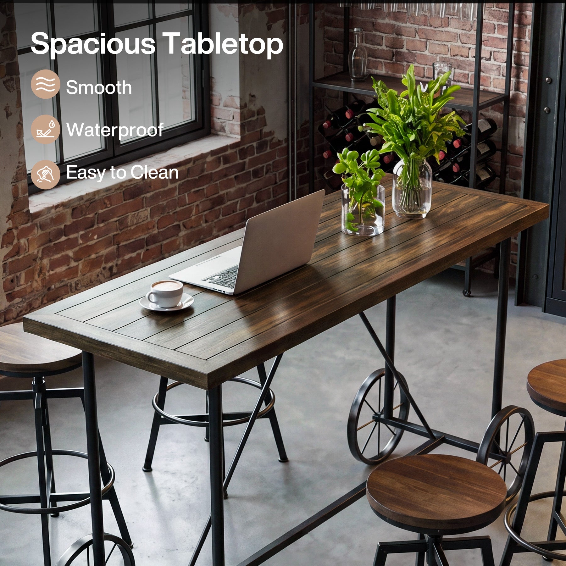 63" Bar Table, Industrial Counter Height Dining Table with Bicycle-Inspired Metal Base