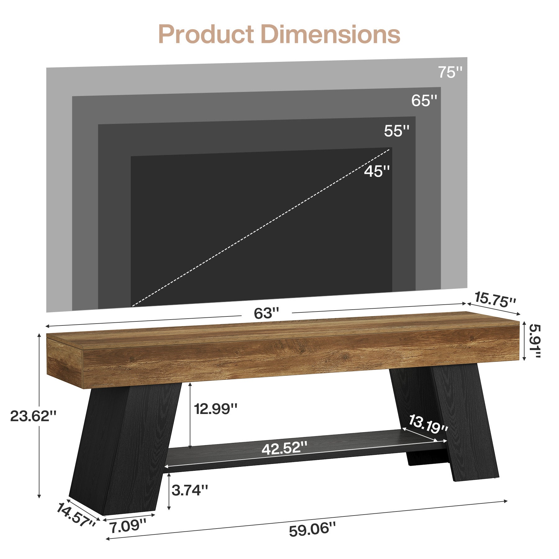63" TV Stand for 55/65/70 Inch TVs, Industrial Media Console with Open Storage Shelf