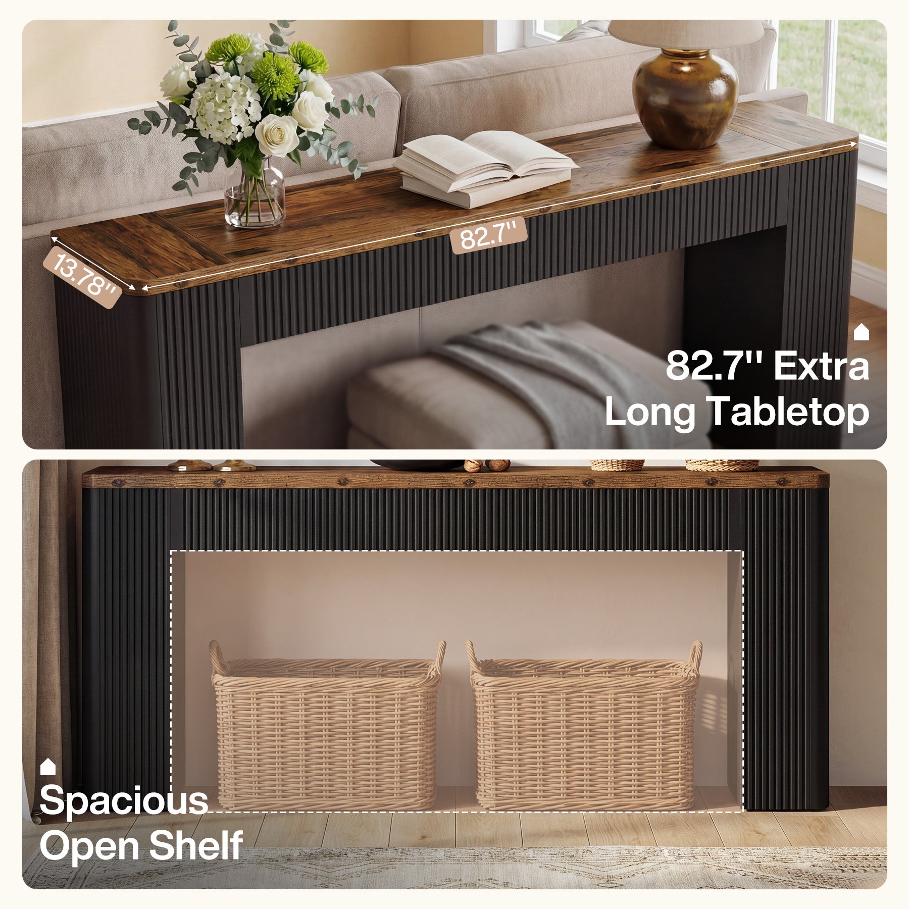 82.7" Long Console Table, Fluted Narrow Sofa Table Entryway Table with Curved Edges