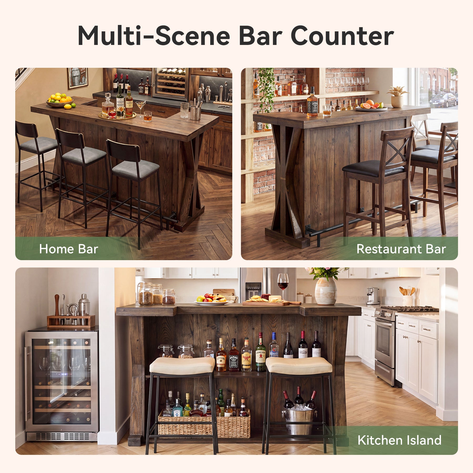 59" Home Bar Unit with Storage Shelves & Foot Rail, Farmhouse Solid Wood 3-Tier Bar Cabinet