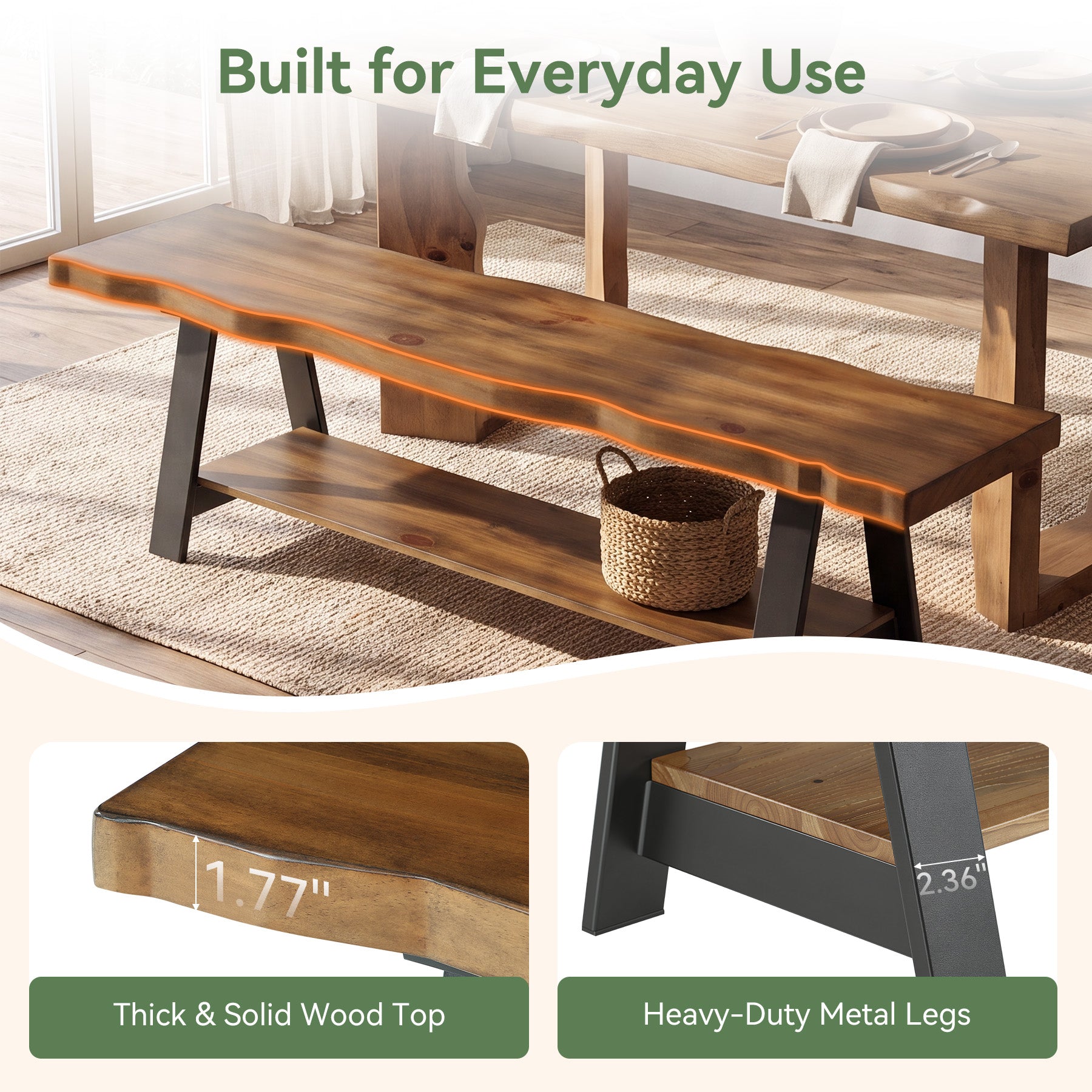 55" Solid Wood Dining Bench, Live Edge Dining Seat with Storage Shelf & Metal Legs