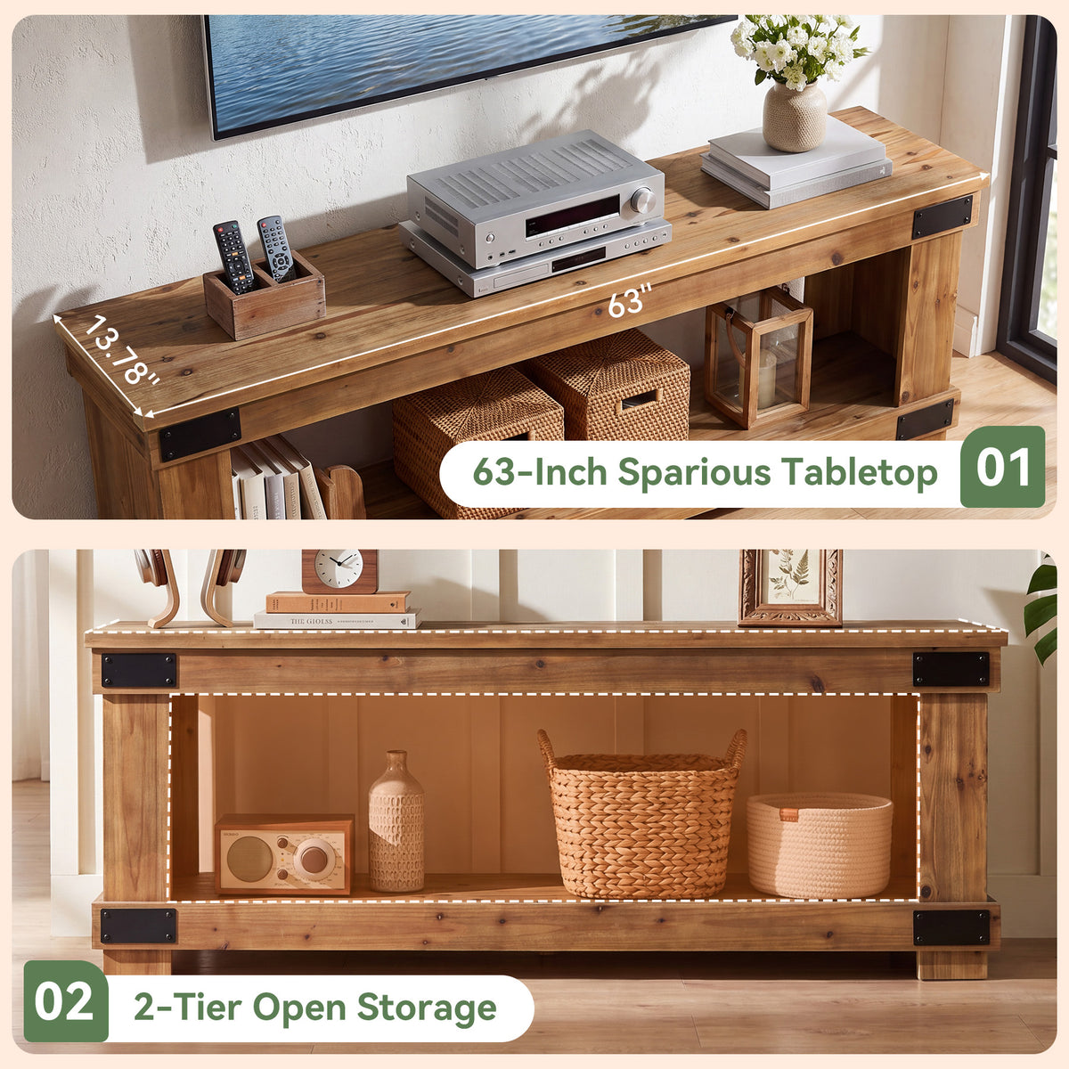 63" Industrial TV Stand, 2-Tier Open Shelf, Solid Wood for 75" TV