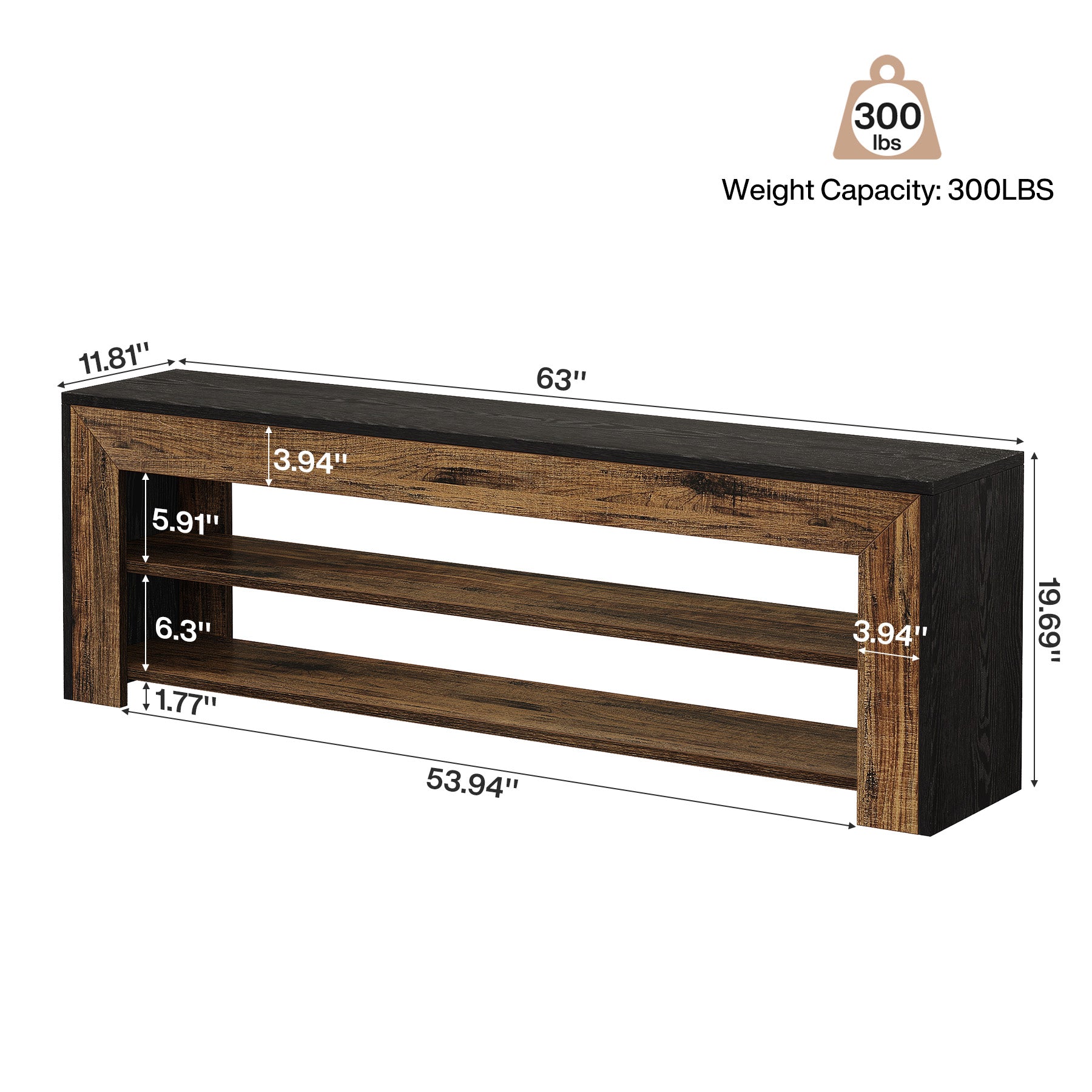 63" Entryway Shoe Bench, 3-Tier End of Bed Bench with Storage Shelves for Hallway