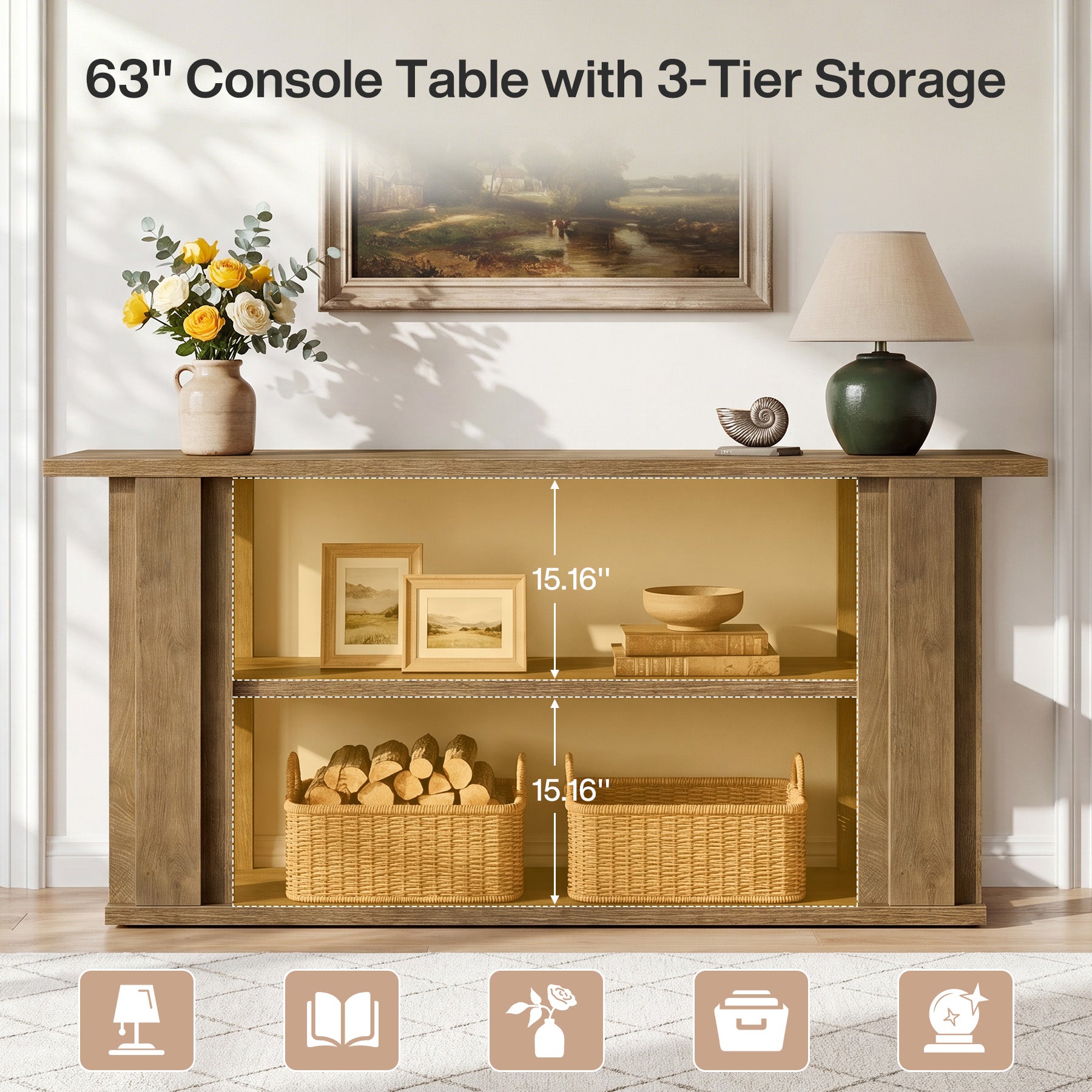 63" Farmhouse Console Table, Narrow Entryway Sofa Table with 3-Tier Storage Shelves