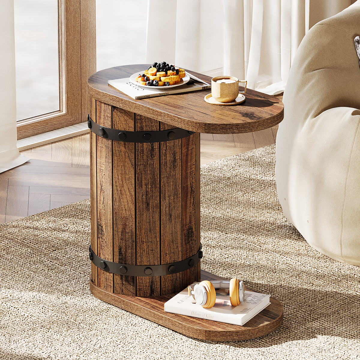 24" Barrel C-Shape Side Table, 2-Tier End Table, Narrow Nightstand for Couch, Living Room