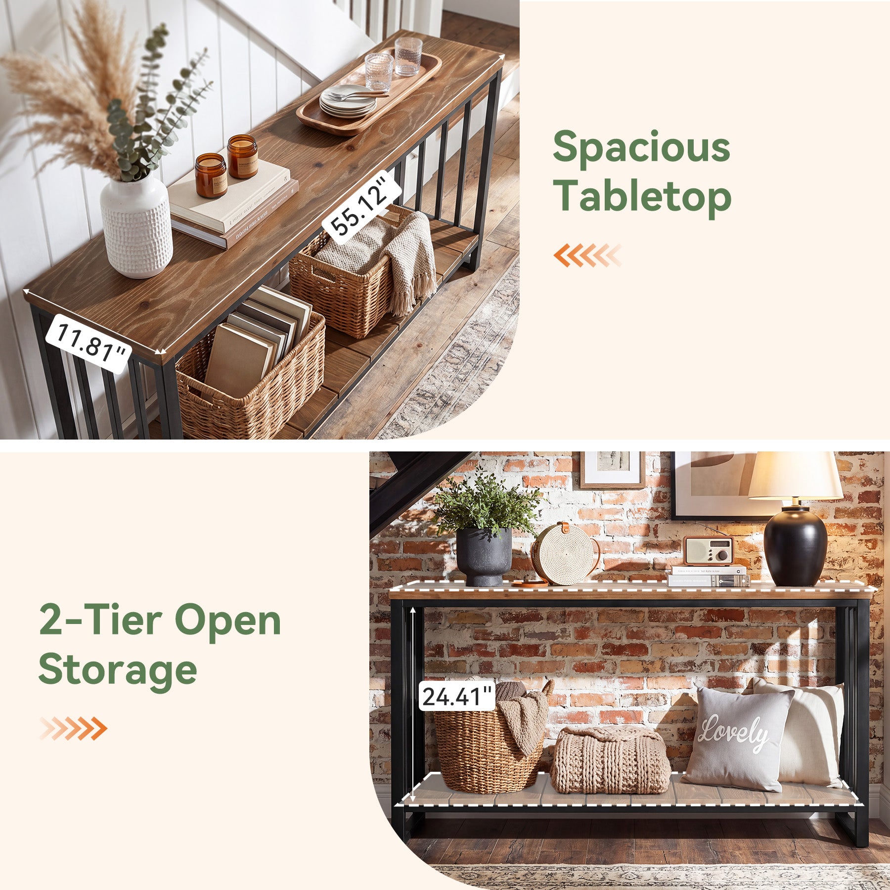 55" Solid Wood Console Table, 2-Tier Entryway Sofa Table with Metal Frame for Hallway & Living Room