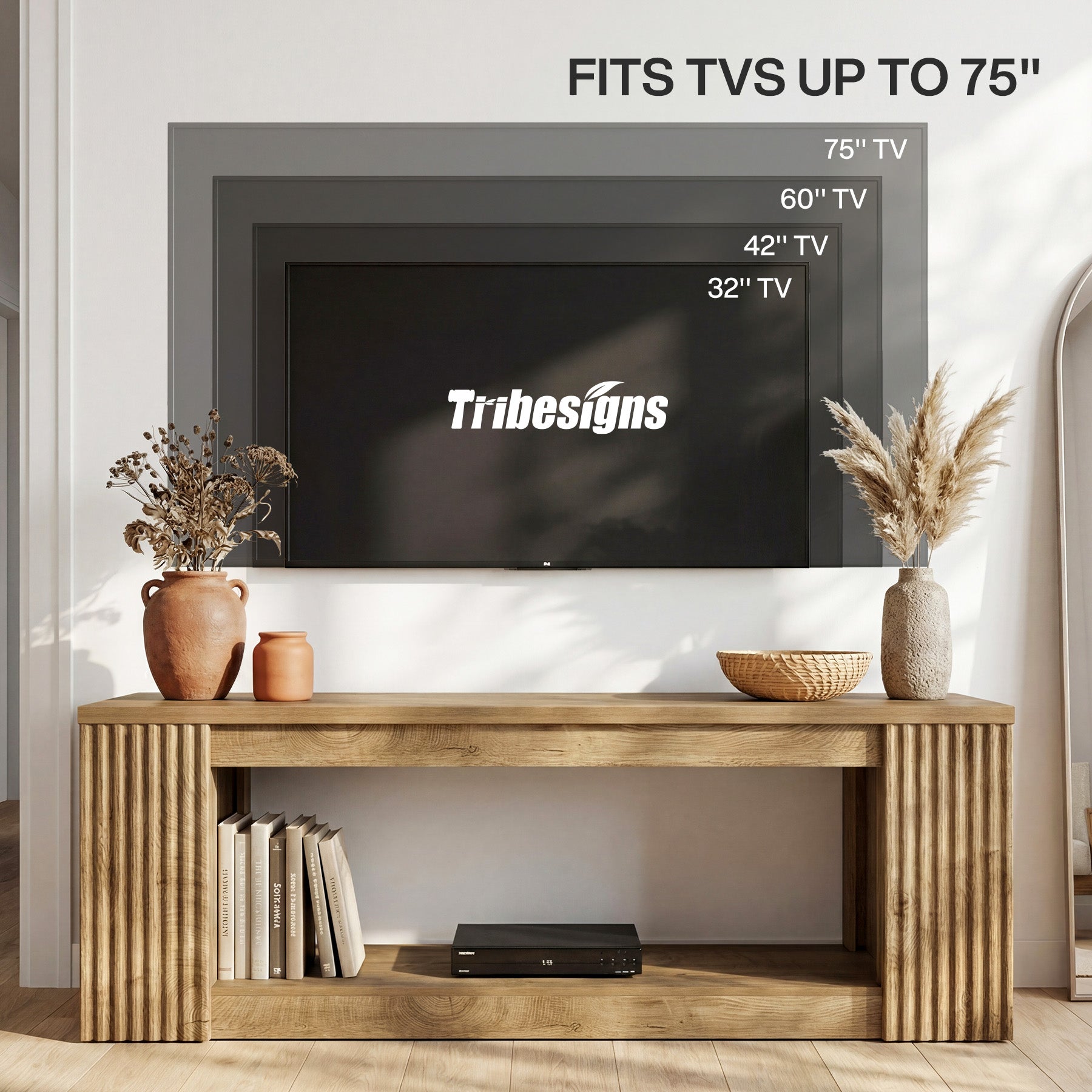 63" TV Stand, Entertainment Center with Open Storage Shelves for TVs Up to 75"