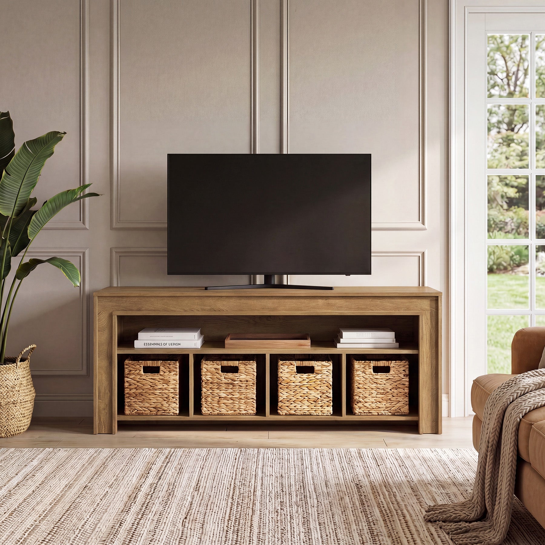 63" Farmhouse TV Stand for 55–70 Inch TVs, Media Console with Baskets & Open Storage