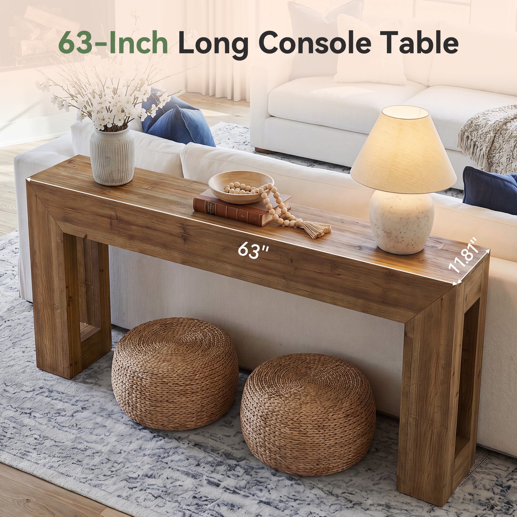 63-Inch Solid Wood Console Table with Geometric Frame, Natural Farmhouse Entryway Table